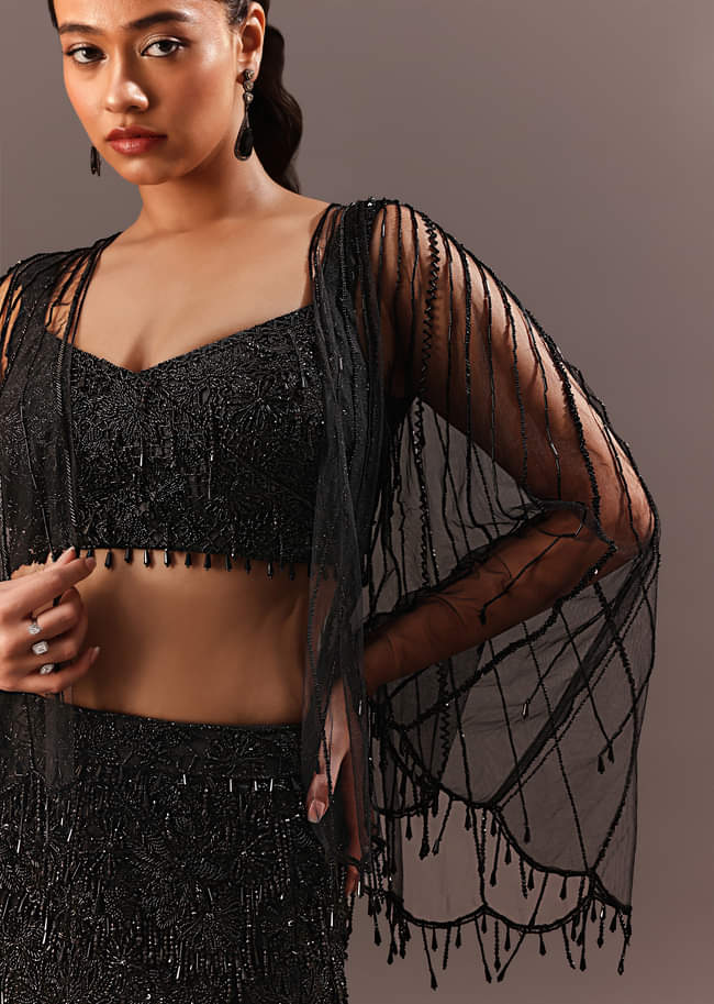 Black Embroidery Fish Cut Lehenga With Embroidered Blouse And Cape
