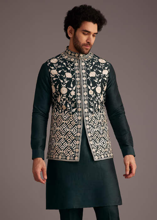 Buy Black Floral Embroidered Jacket Kurta Set