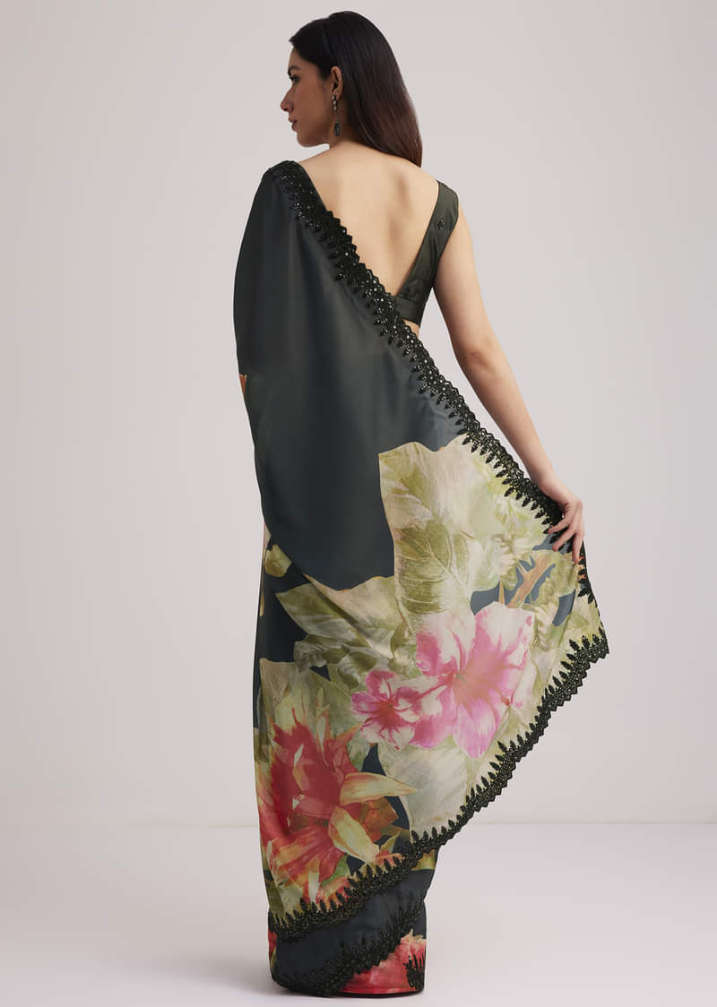 Black Floral Printed Satin Saree With Sequins Lace Border