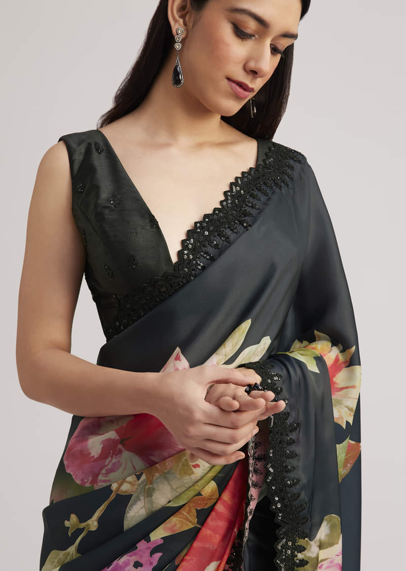 Black Floral Printed Satin Saree With Sequins Lace Border