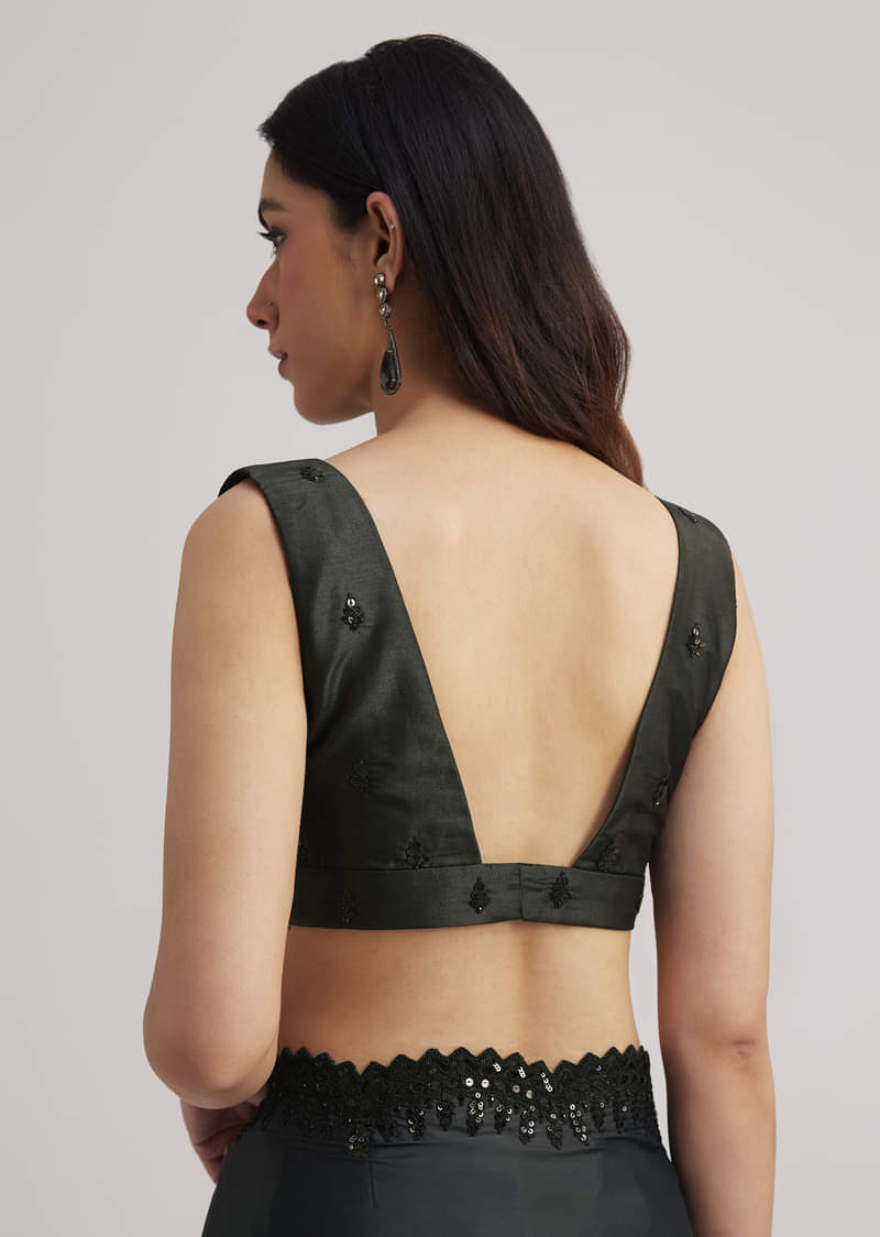 Black Floral Printed Satin Saree With Sequins Lace Border