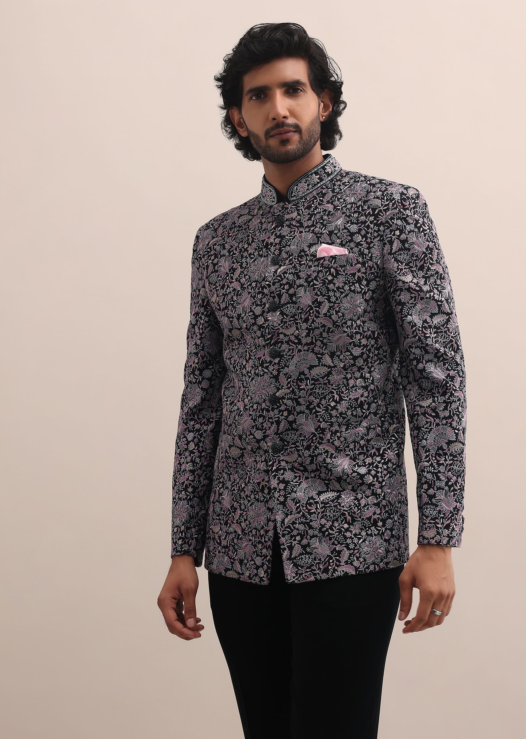 Buy Black Floral Thread Embroidered Jodhpuri Suit For Men KALKI Fashion India