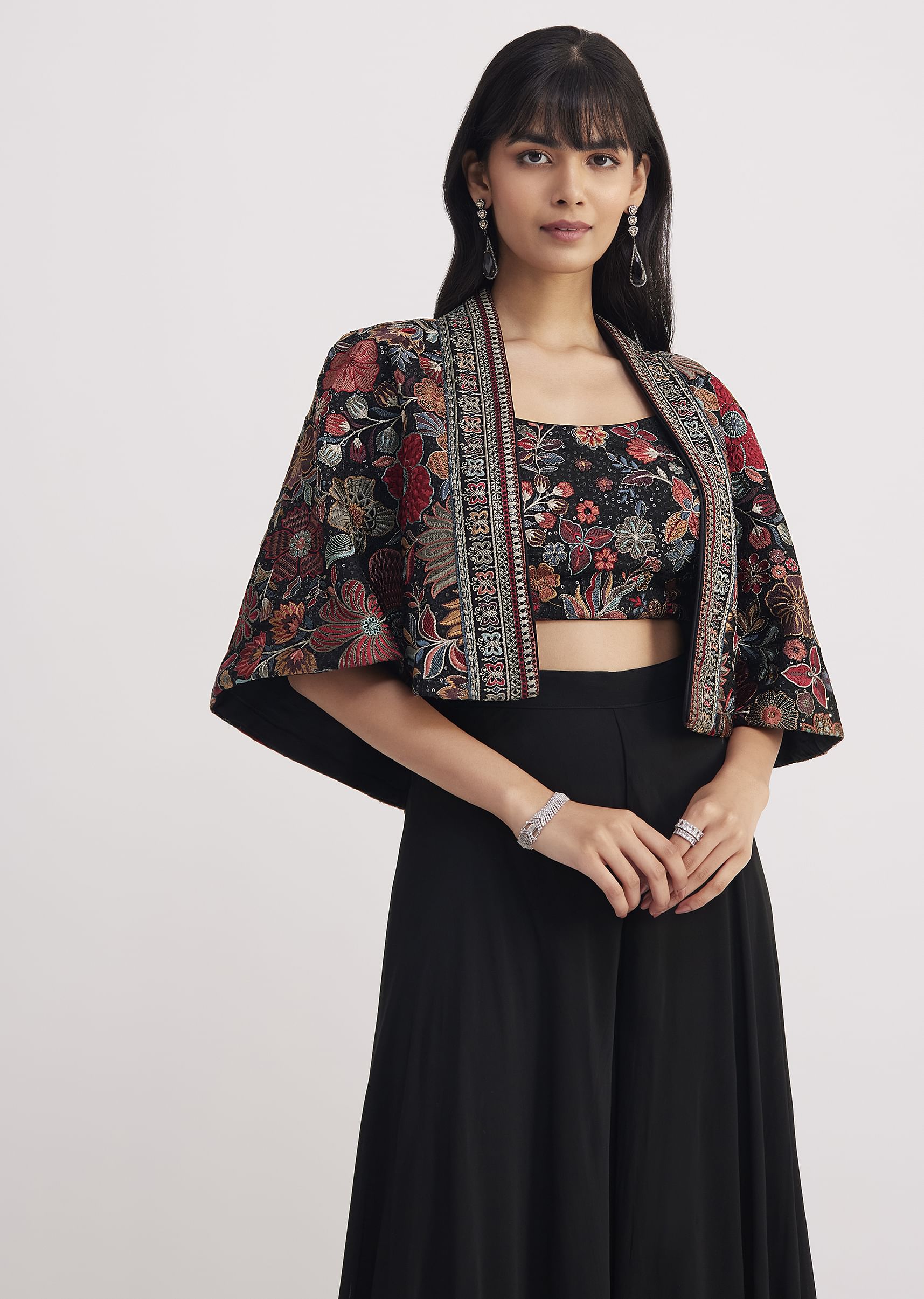 Buy Black Georgette Croptop Palazzo With Sequin Work Cape | KALKI Fashion  India