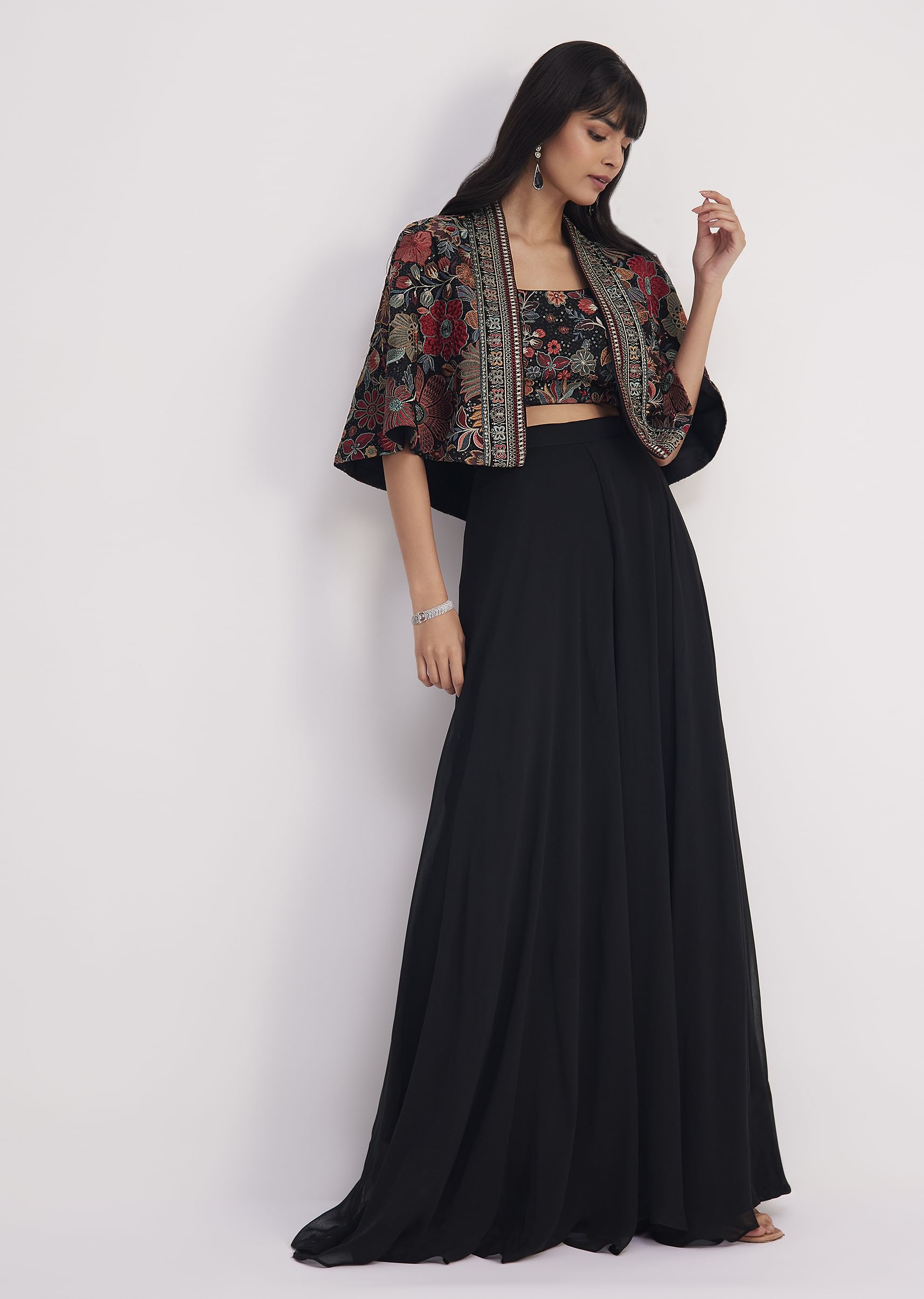 Buy Black Georgette Croptop Palazzo With Sequin Work Cape | KALKI Fashion  India