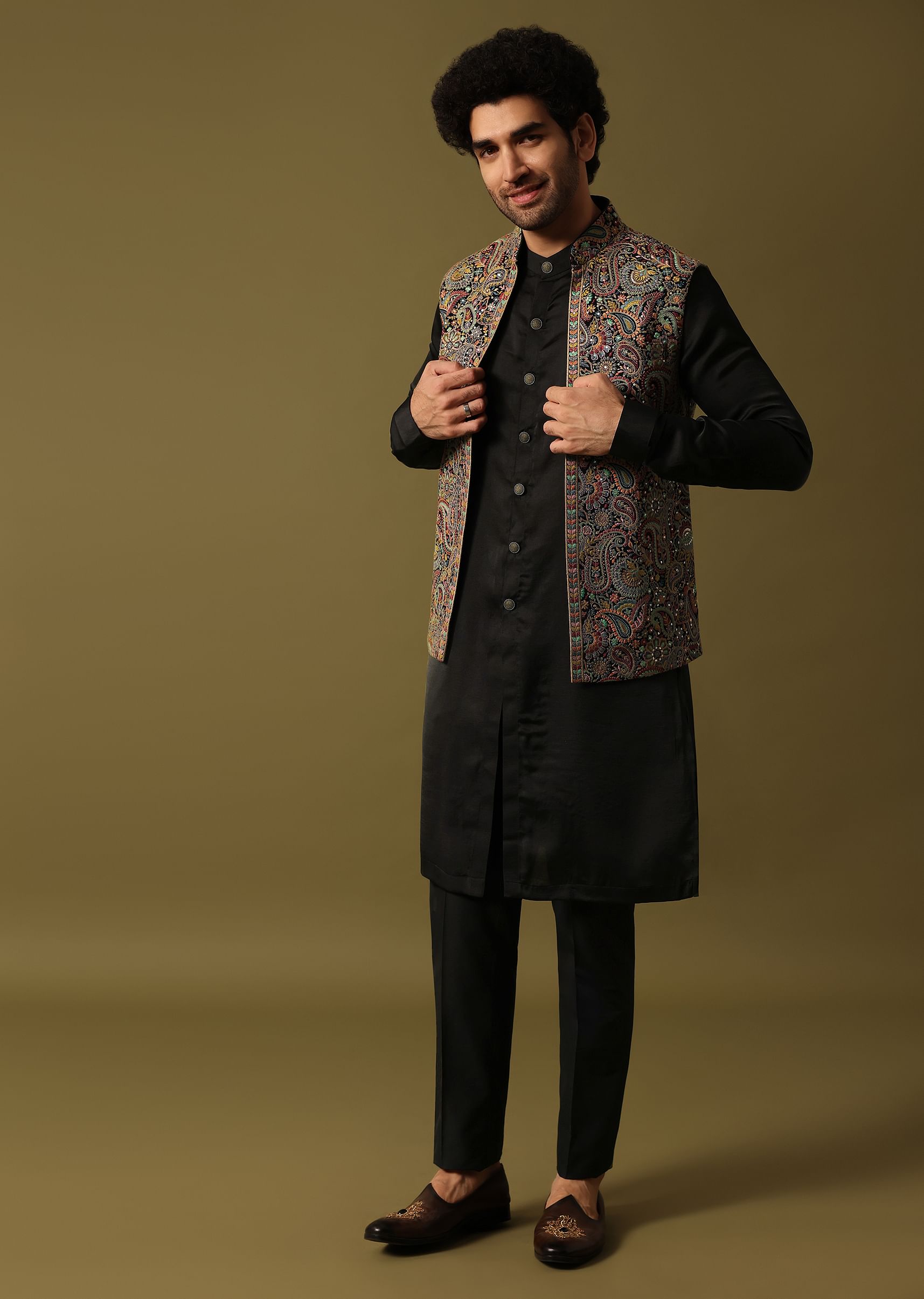 Buy Black Georgette Kurta Jacket Set With Resham Work For Men