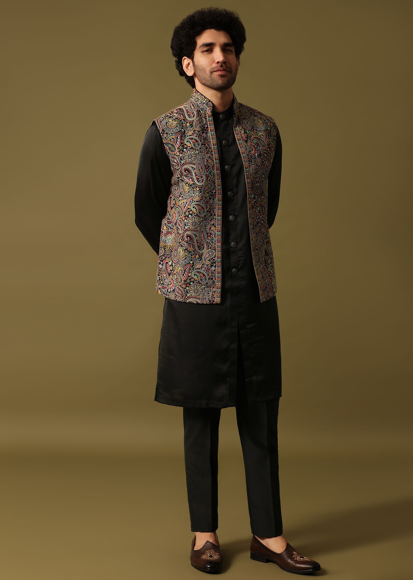 Buy Black Georgette Kurta Jacket Set With Resham Work For Men