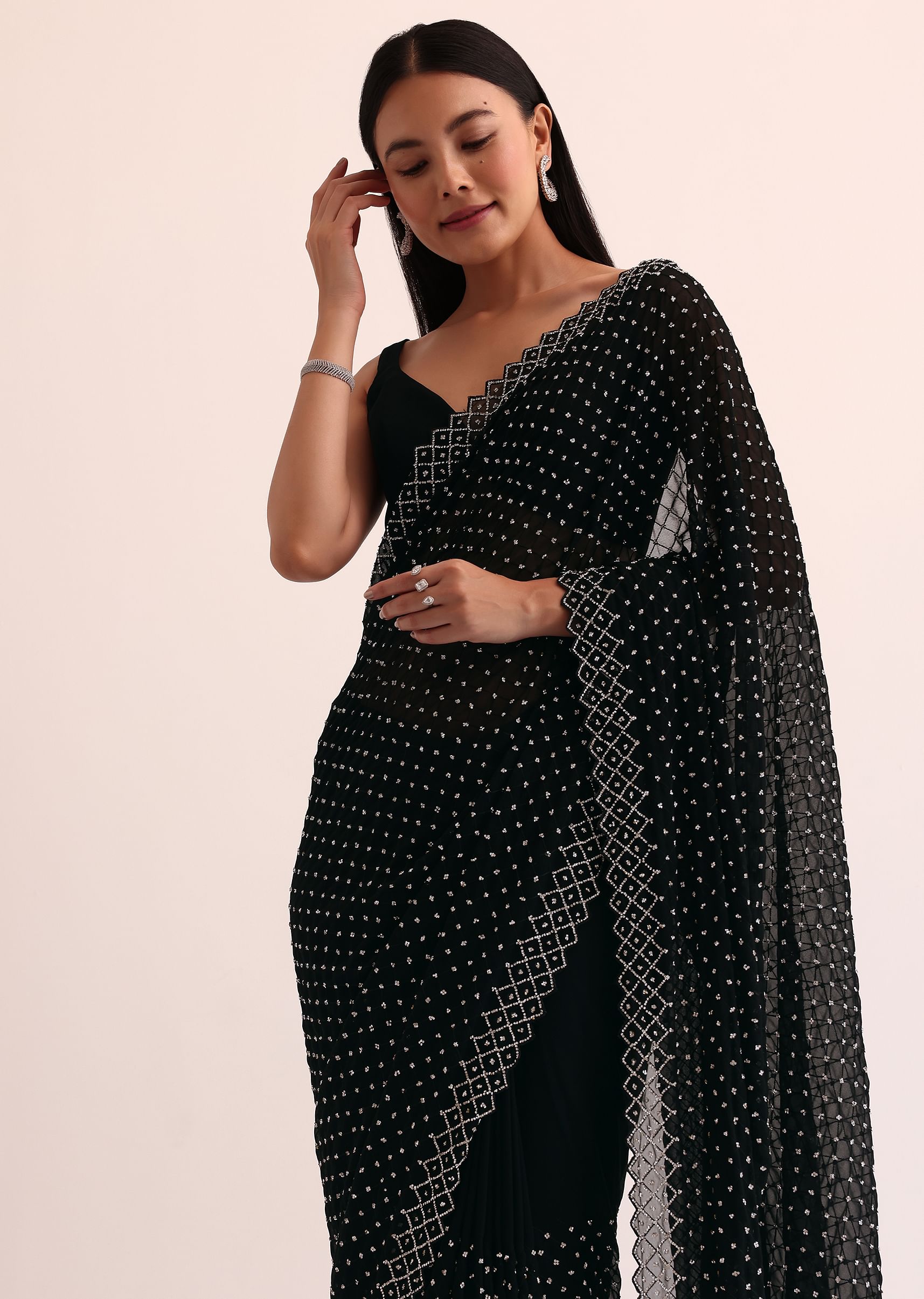Buy Black Georgette Saree With Stone Embroidery And Unstitched Blouse |  KALKI Fashion Global