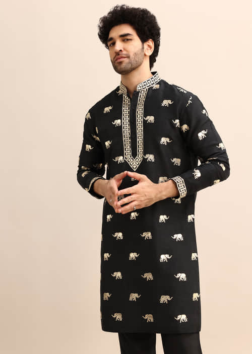 Buy Black Gold Foil Applique Motifs Work Kurta Set KALKI Fashion