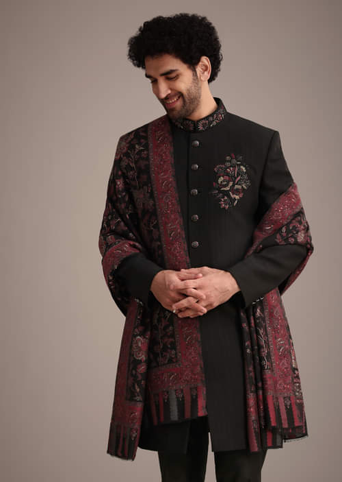 Buy Black Sherwani Suit Online for Men With Hand Work Dupatta