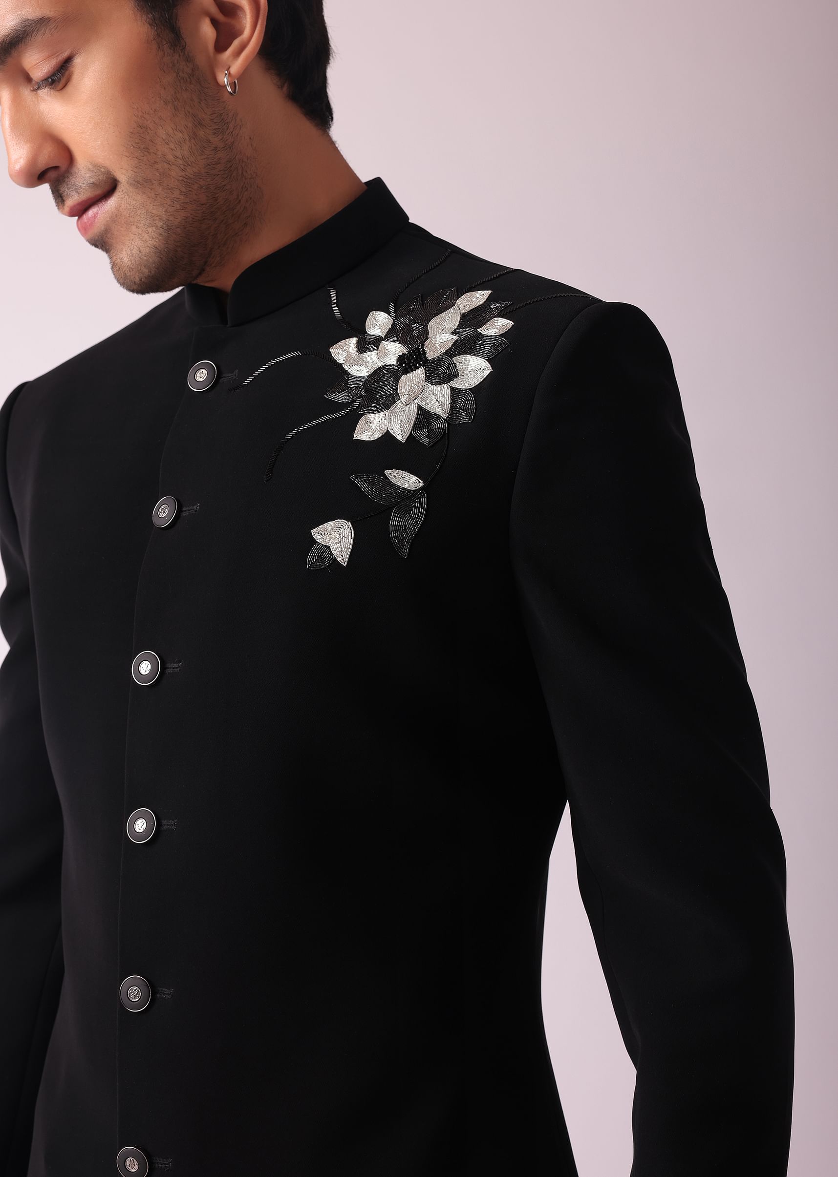 Buy Black Embroidered Indowestern Suit With Mandarin Collar