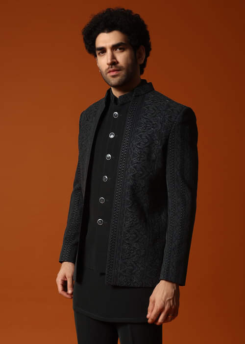 Buy Black Jodhpuri Set In Resham Work For Men