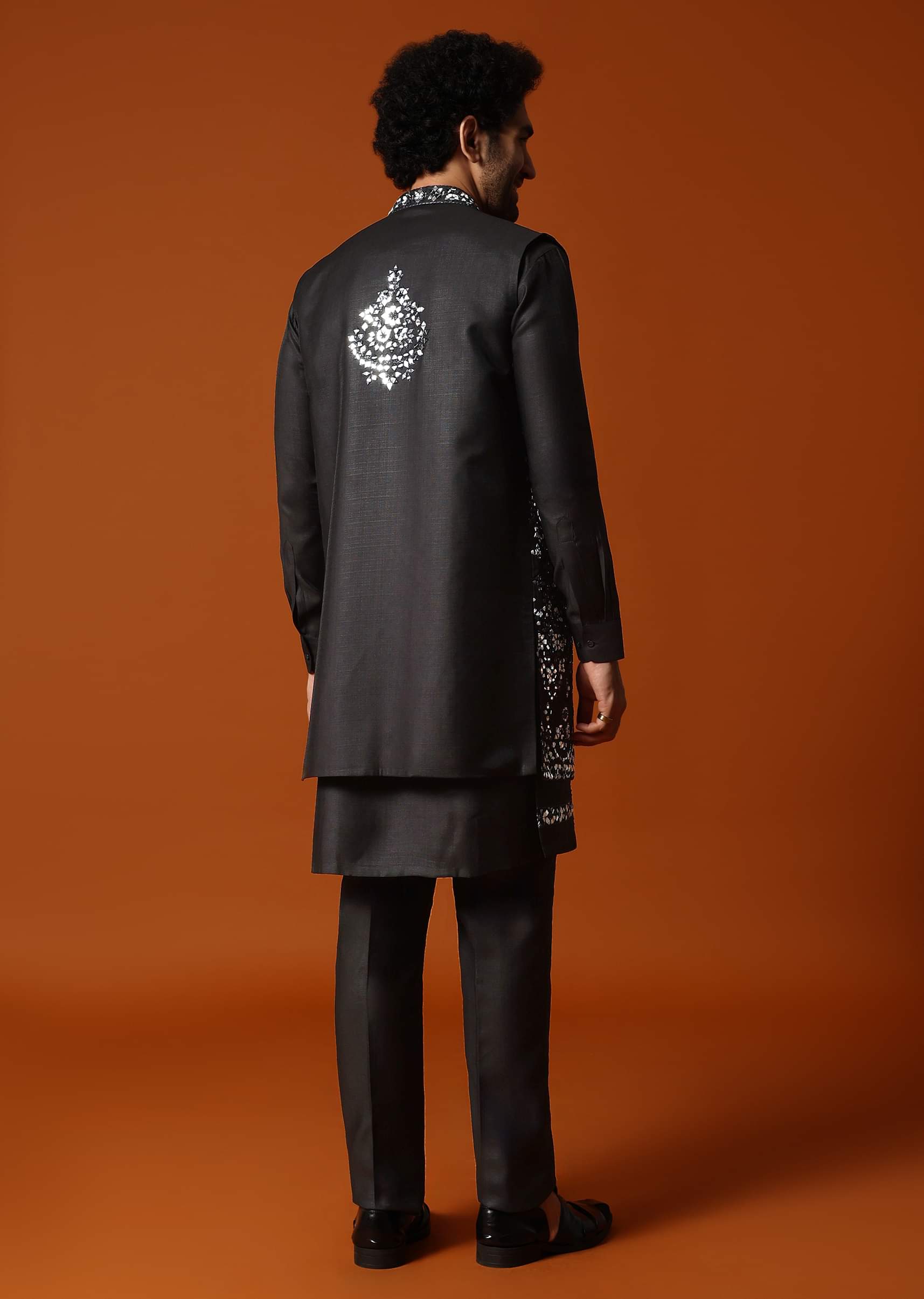 Buy Black Kurta Jacket Set With Mirror Work For Men
