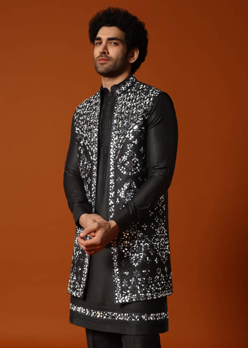 Buy Black Kurta Jacket Set With Mirror Work For Men KALKI