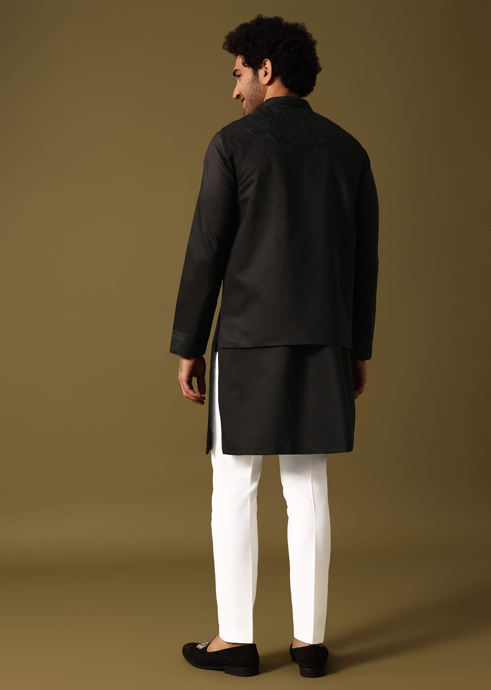 Buy Black Kurta Jacket Set With Resham Work For Men