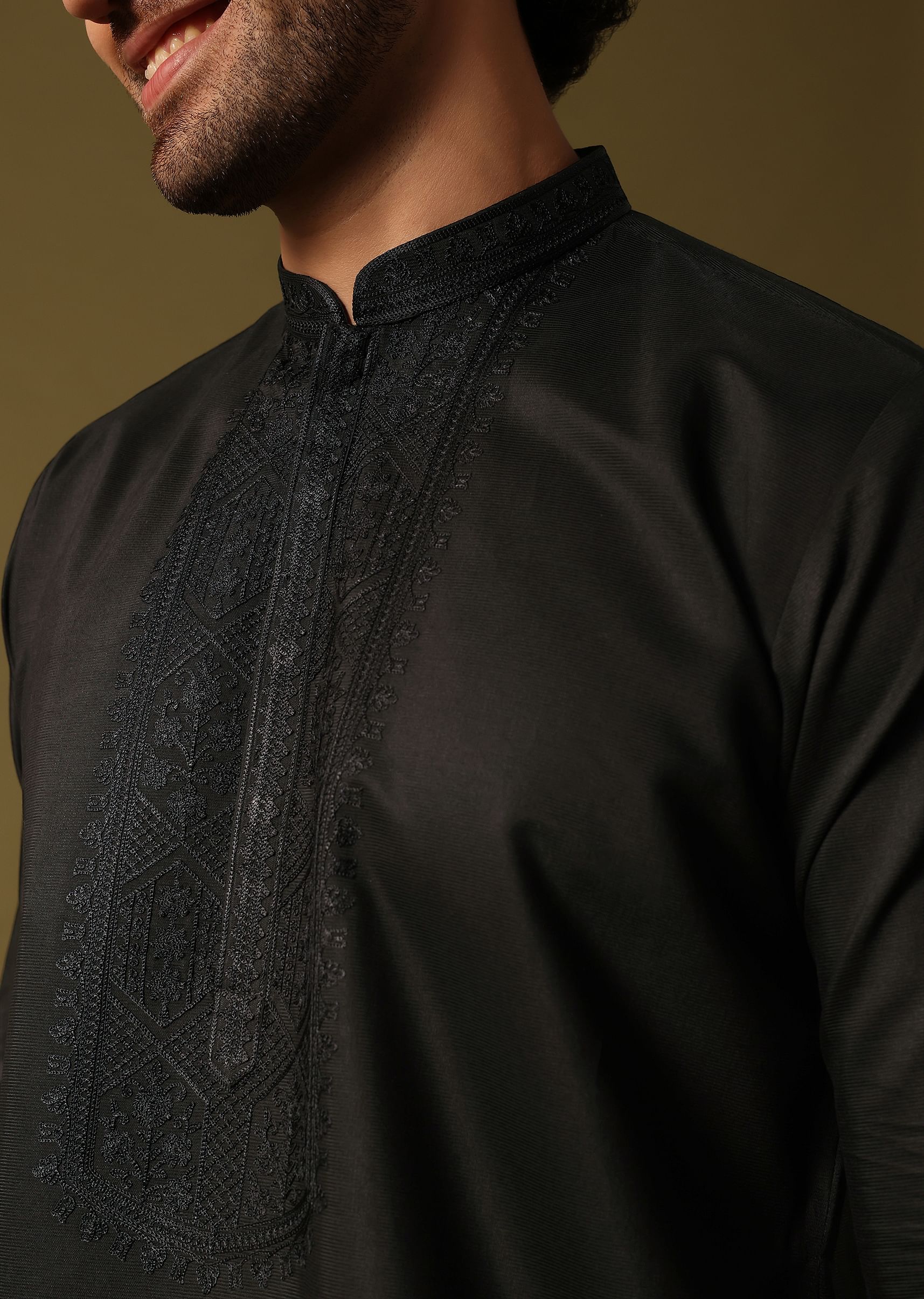 Buy Black Kurta Jacket Set With Resham Work For Men