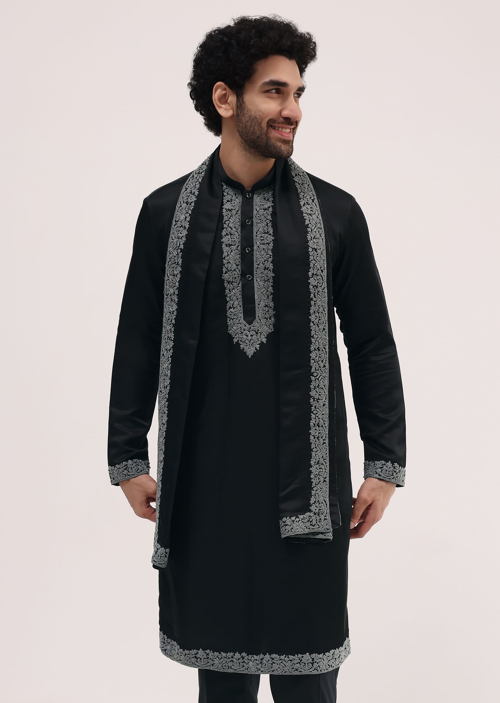 Buy Black Kurta Set In Resham Work With Dupatta For Men