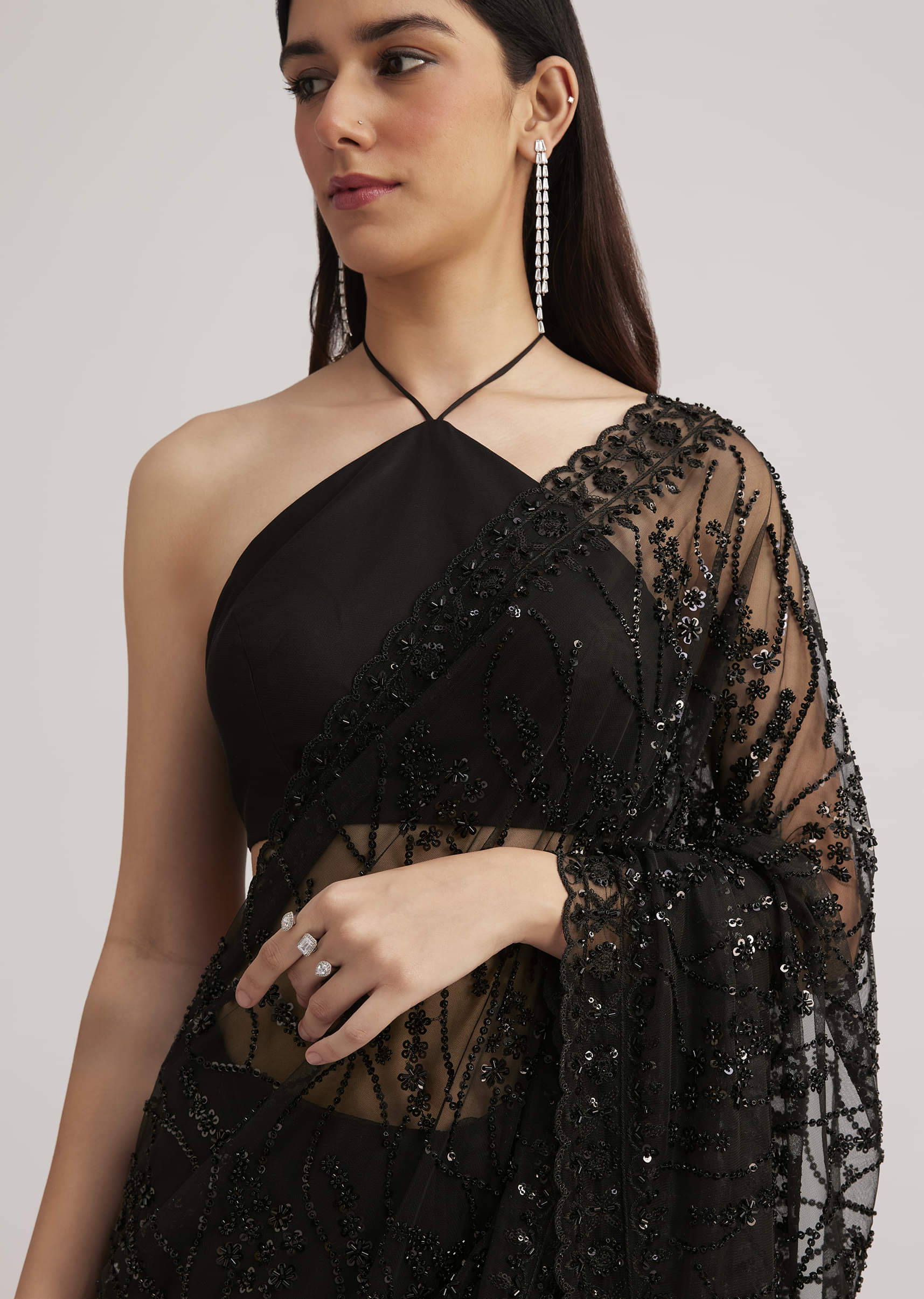 Buy Black Net Saree Heavy Embroidered With Sequins And
