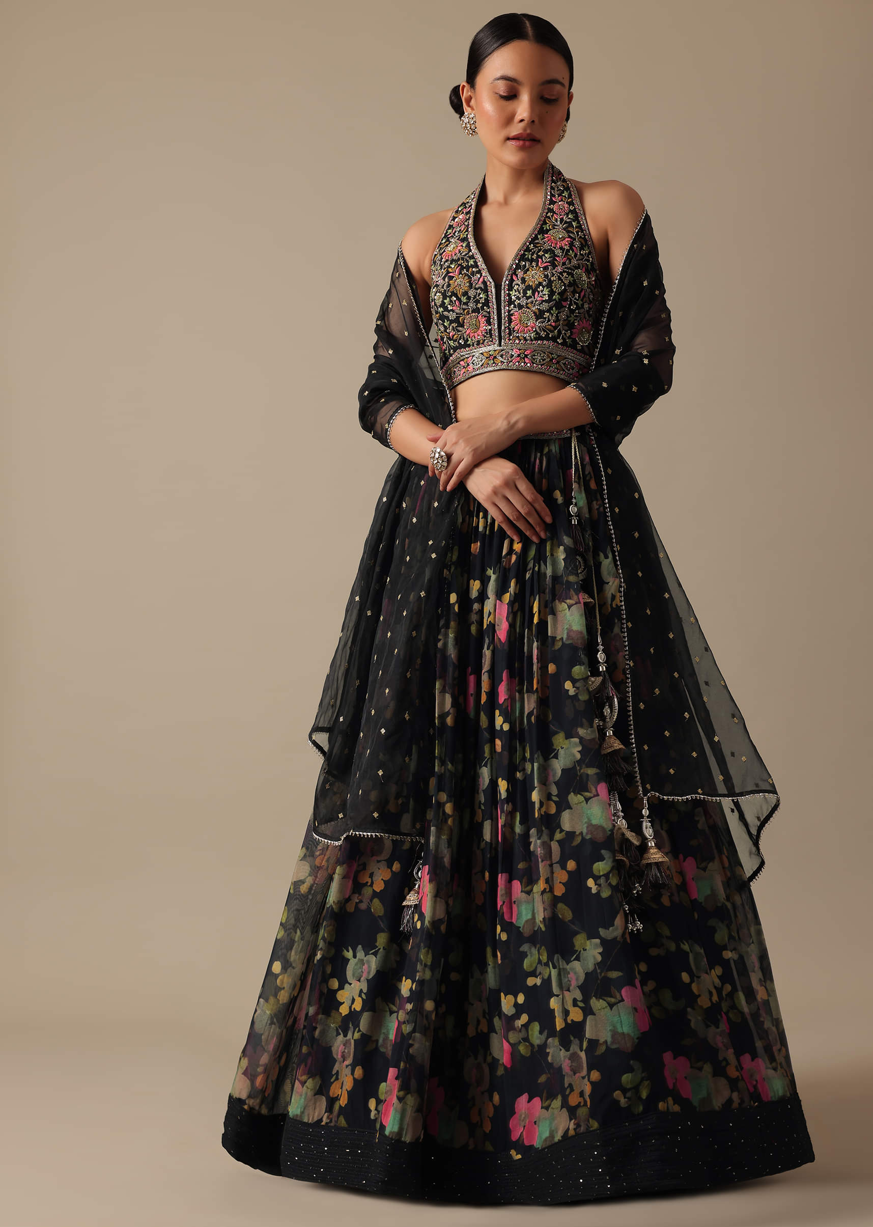 Buy Black Organza Lehenga Set With Printed Motifs KALKI Fashion India