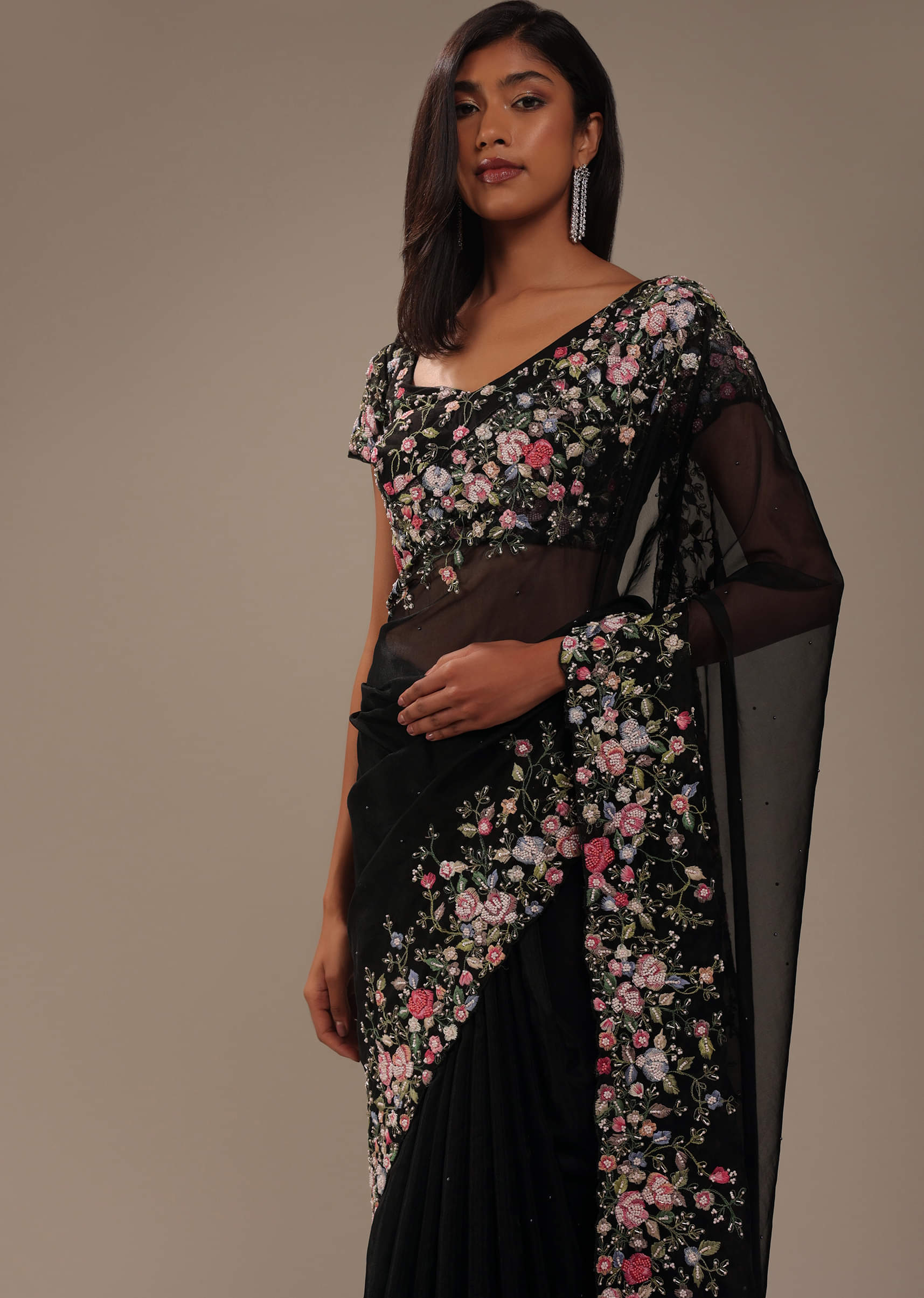 Black saree with embroidery on sale