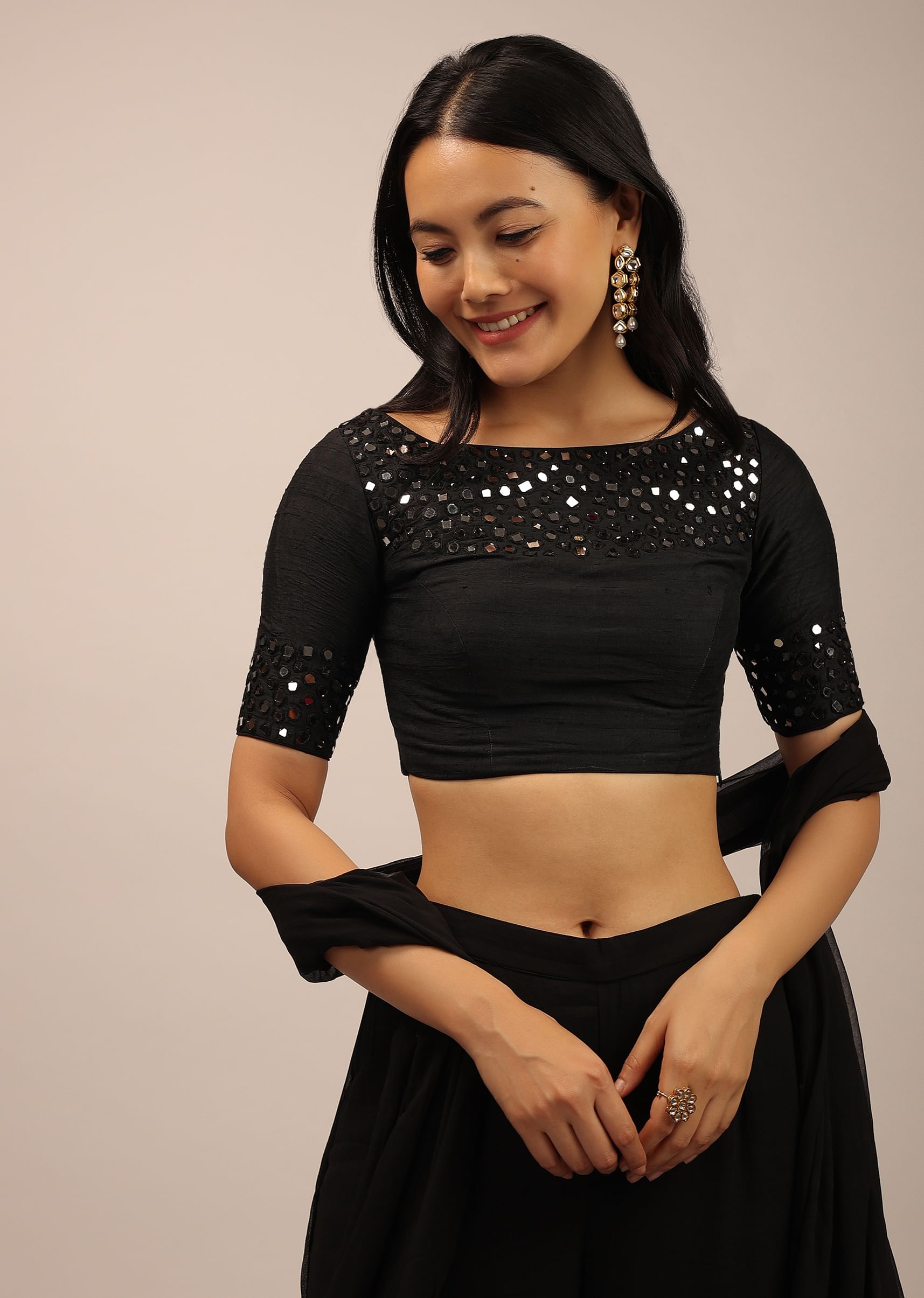 Buy Black Padded Blouse With Mirror Work And Half Sleeves | KALKI Fashion  Global