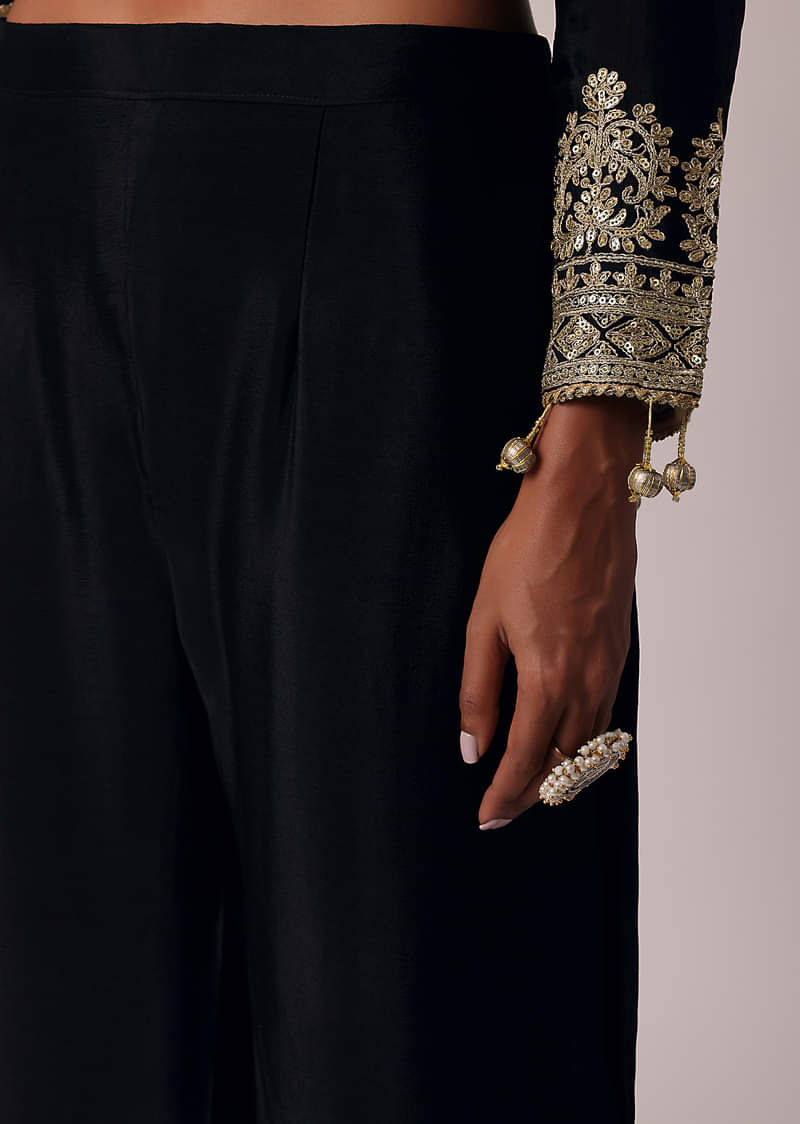 Black Pant Set In Chiffon With Zardozi Work Kurta