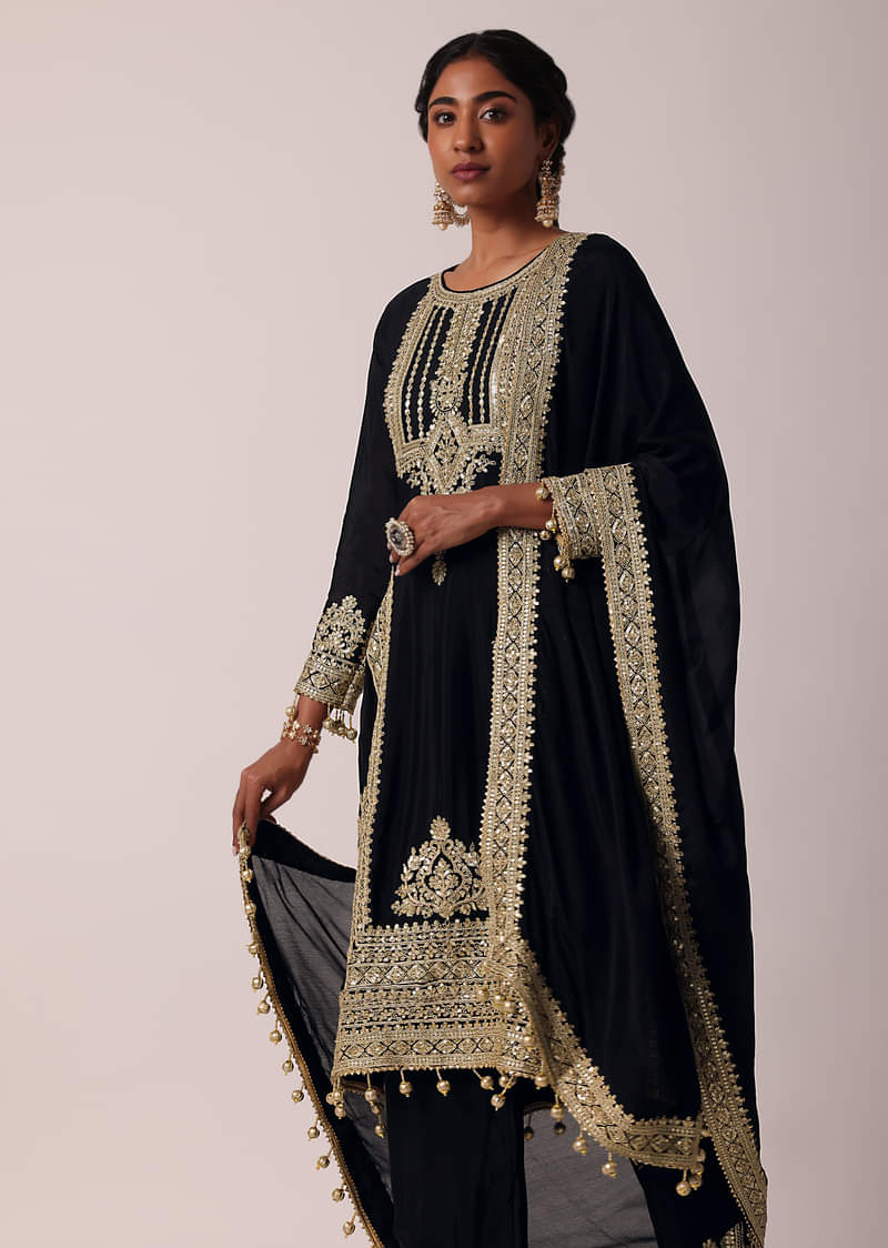 Black Pant Set In Chiffon With Zardozi Work Kurta