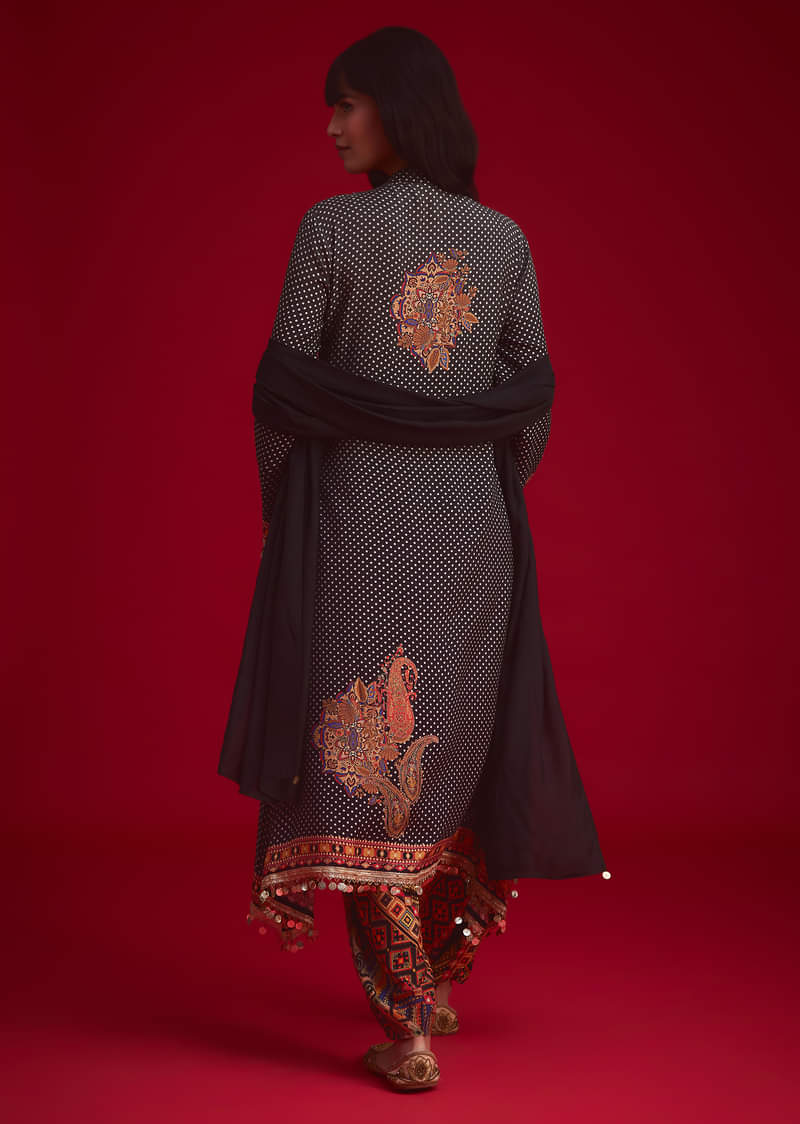 Black Polka Dot Printed Kurta Patiala Set With Pouch Bag