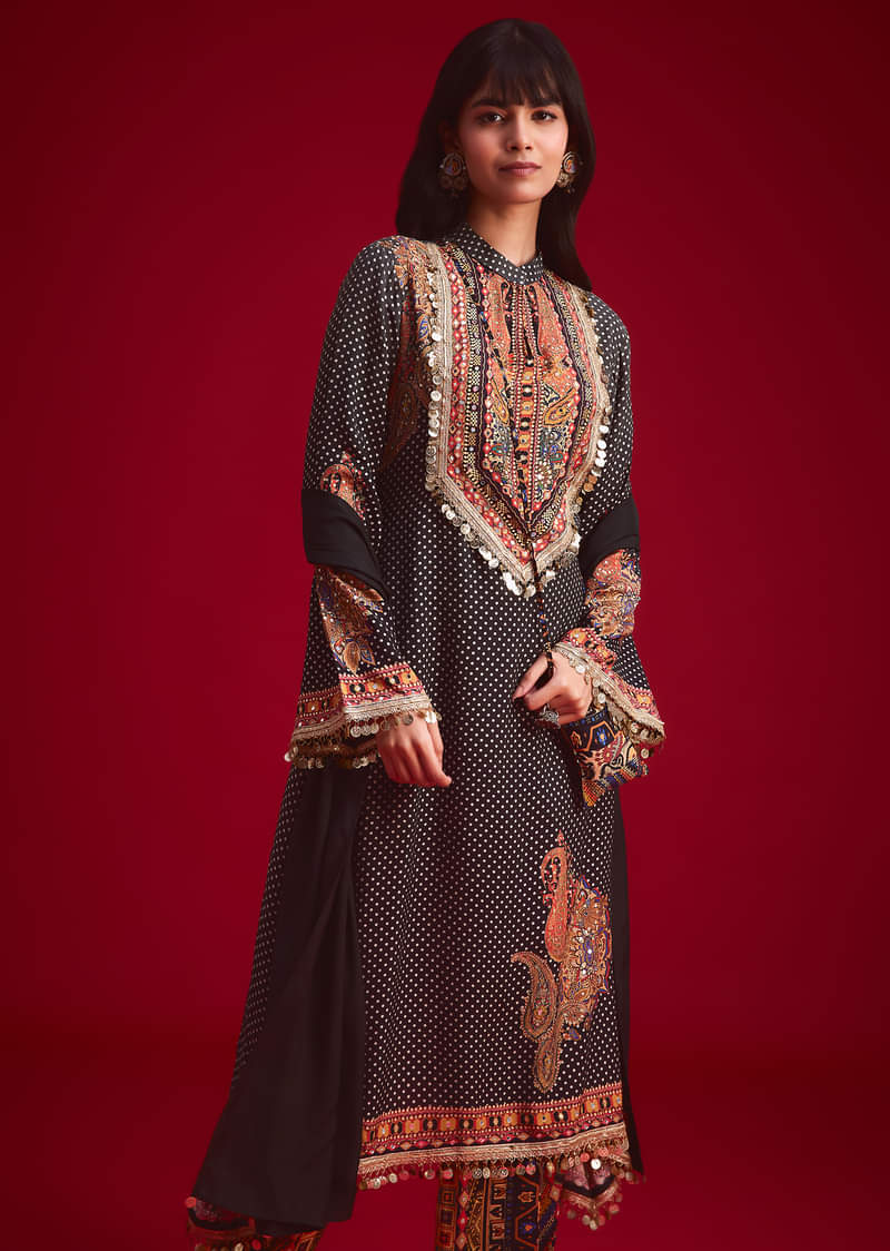 Black Polka Dot Printed Kurta Patiala Set With Pouch Bag