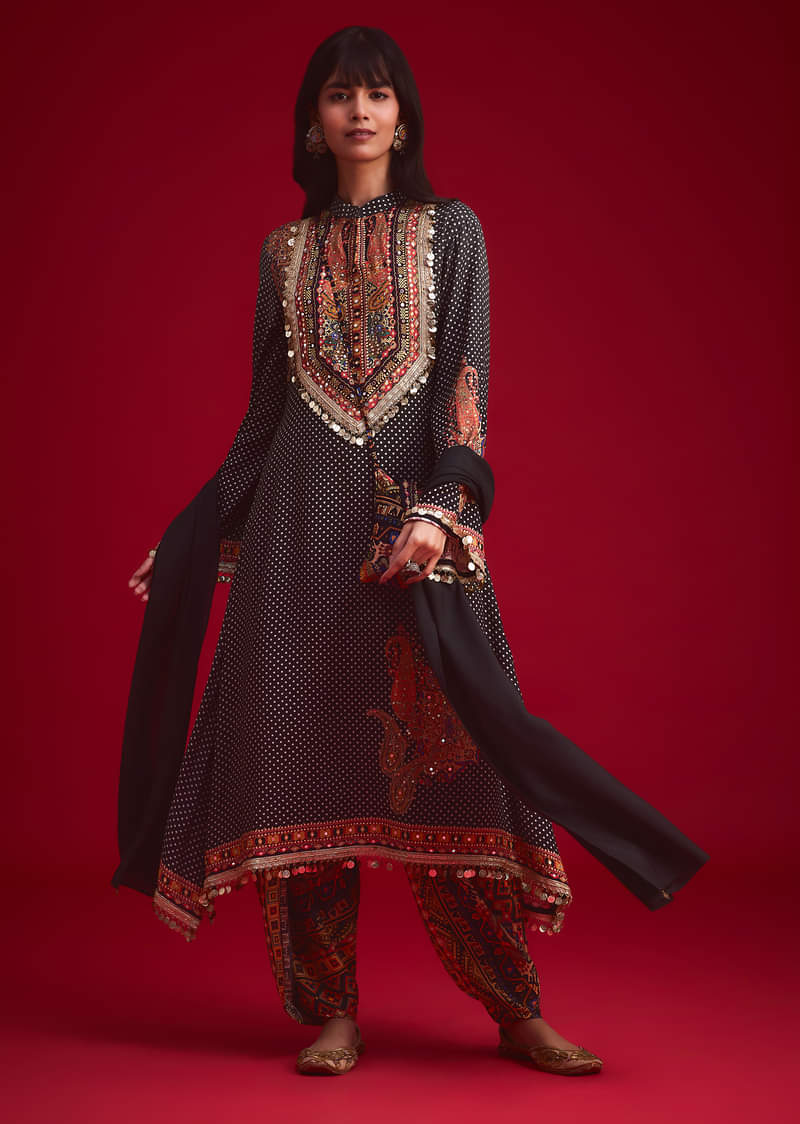 Black Polka Dot Printed Kurta Patiala Set With Pouch Bag