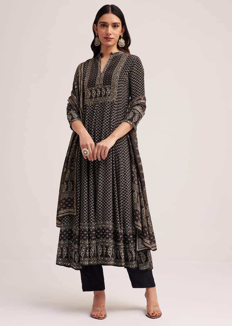 Black Bagru Printed Anarkali Set With Dupatta