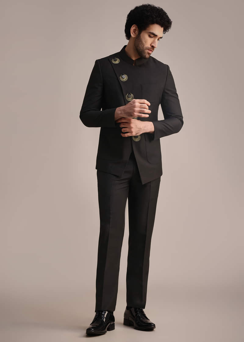 Black Rayon Angrakha Jodhpuri Suit