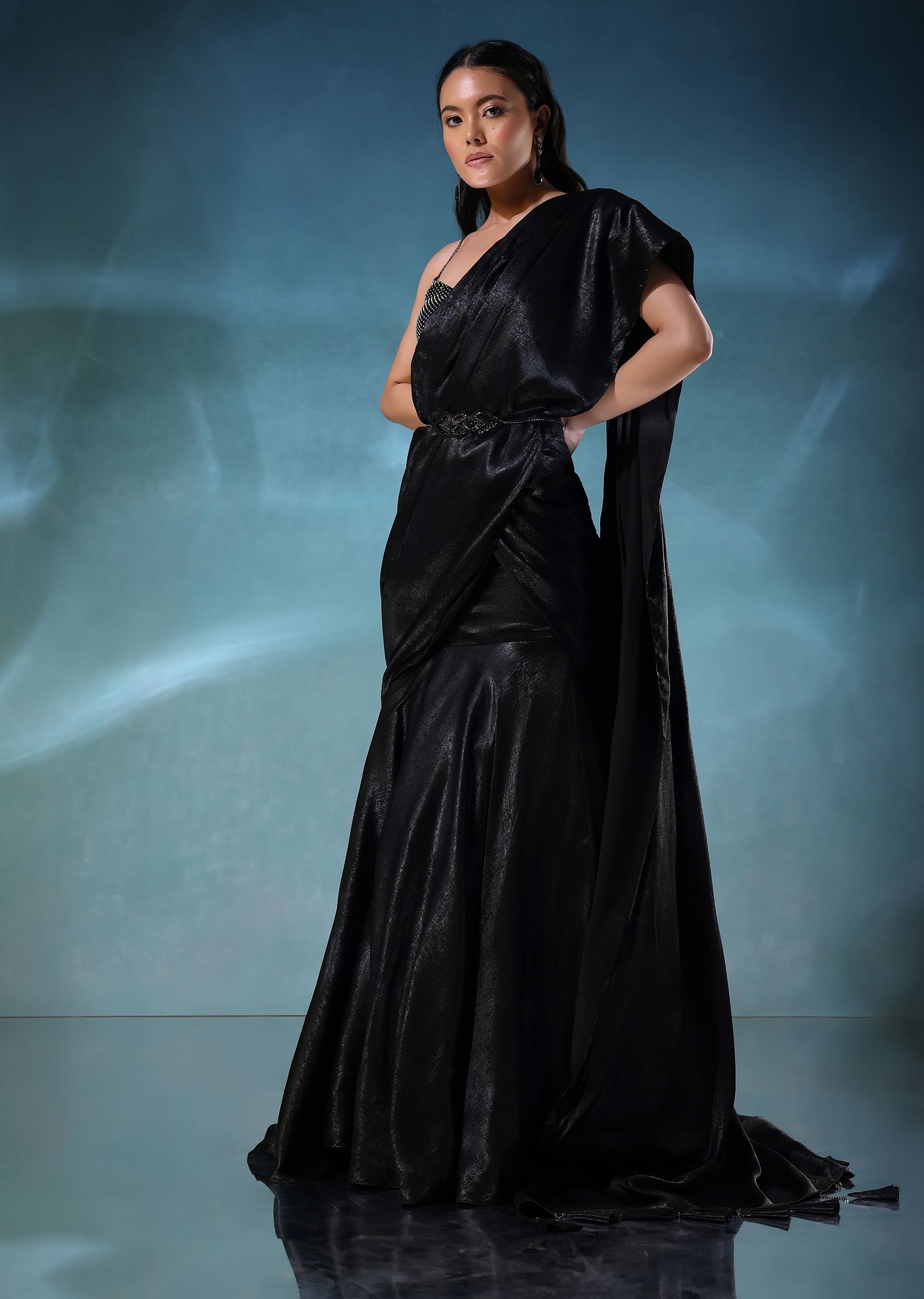 Buy Black Lycra Ready to Wear Lehenga Saree with Mesh Blouse