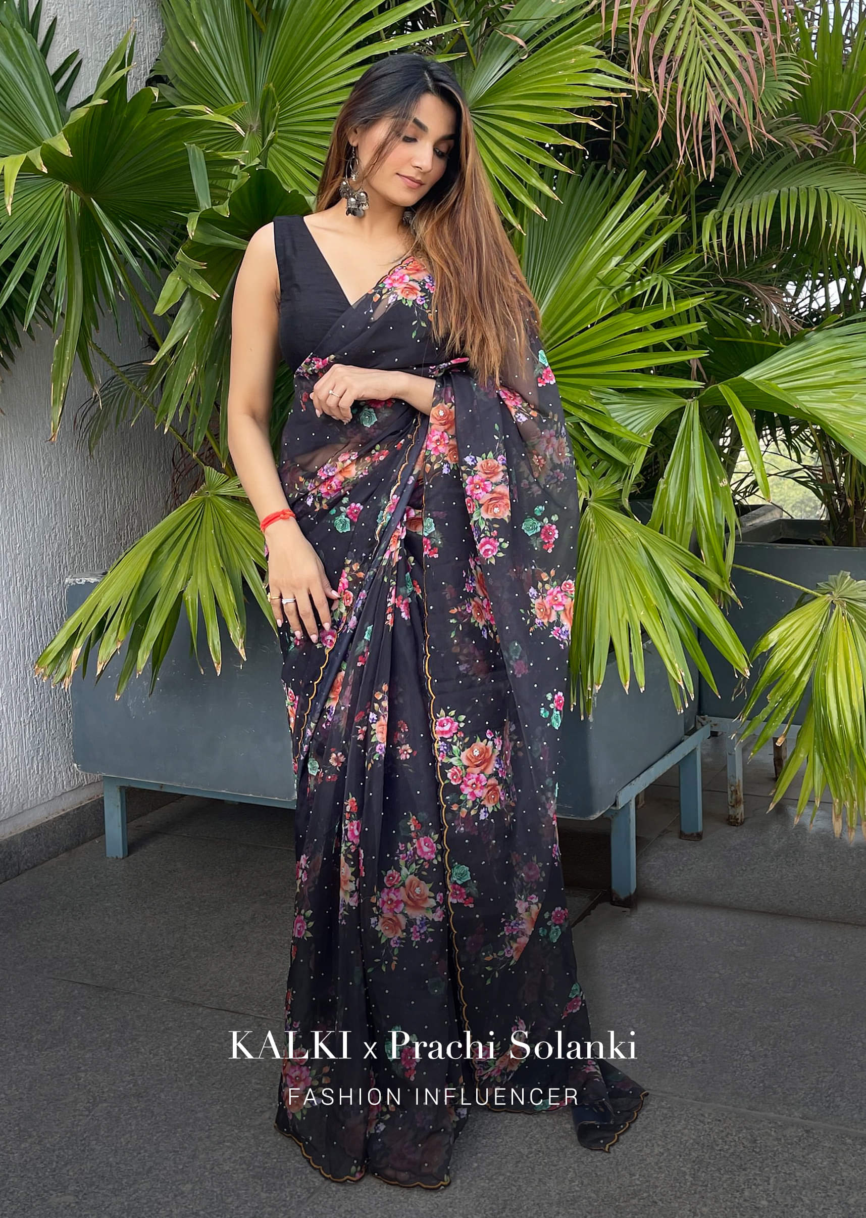 Black Organza Saree with Floral Print and Resham Border