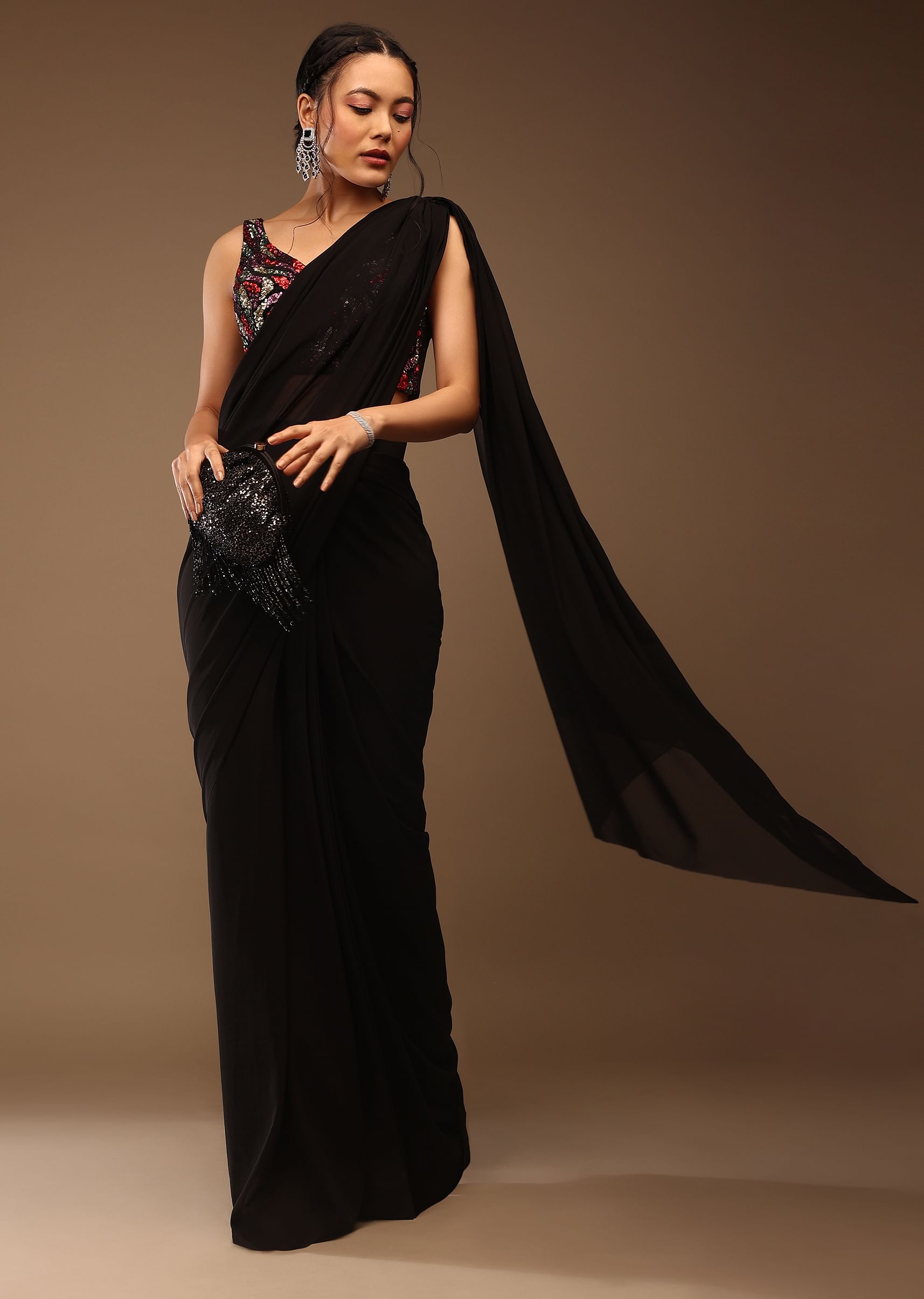 Buy Black Sequin Saree and Multi Colored Crop Top Online