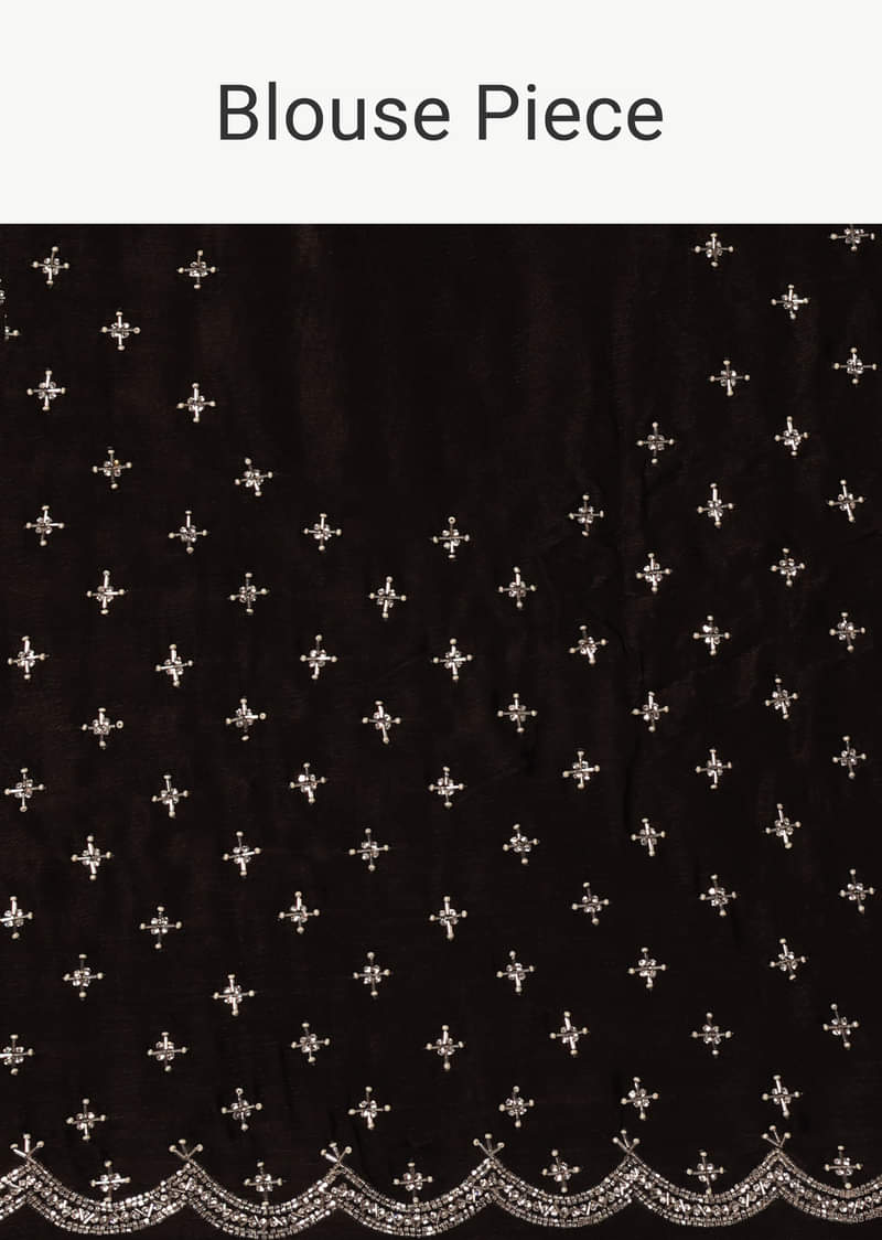 Black Satin Saree With Stone Embellishments And Unstitched Blouse Piece