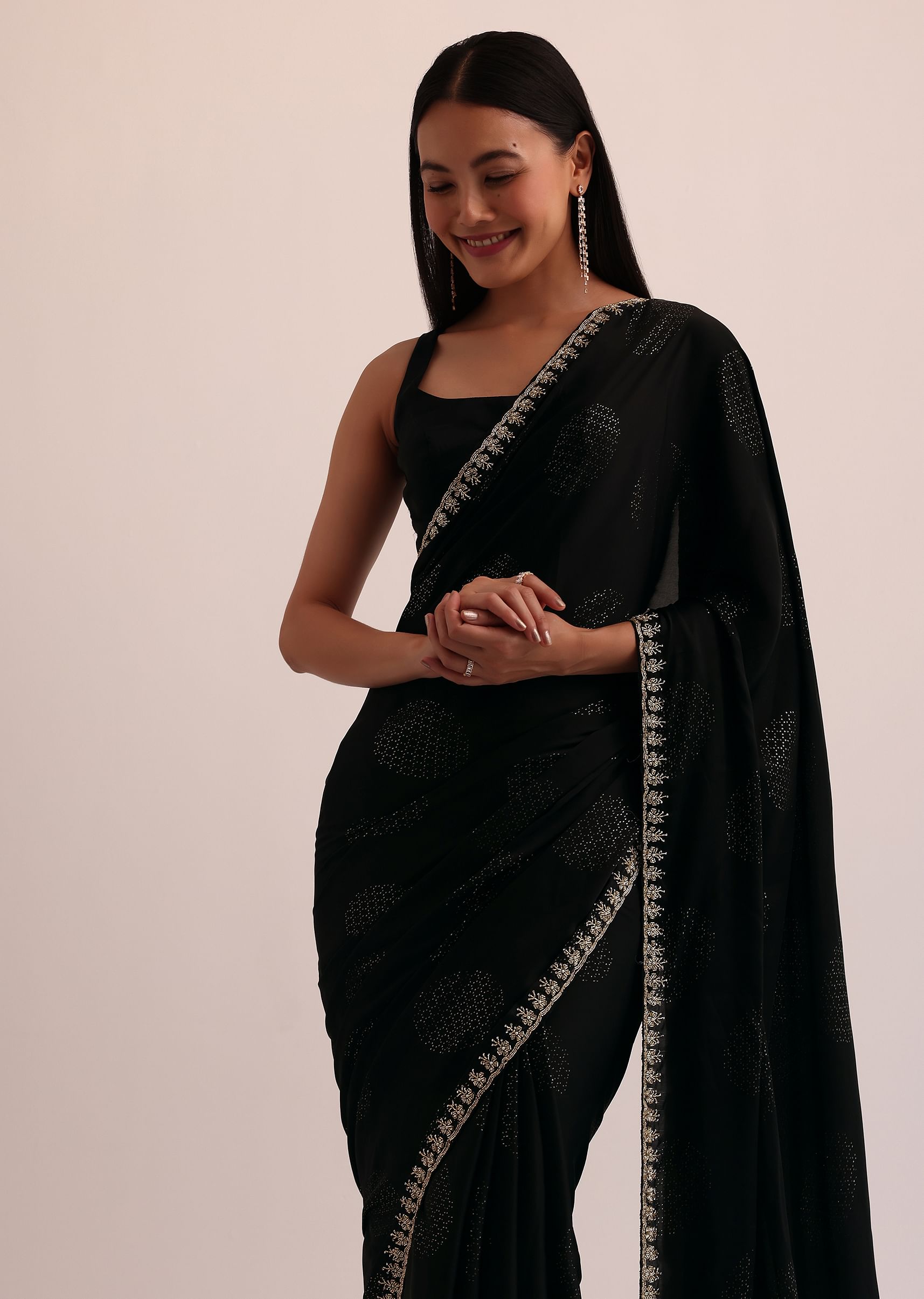 Buy Black Satin Saree With Stone Embroidery And Unstitched
