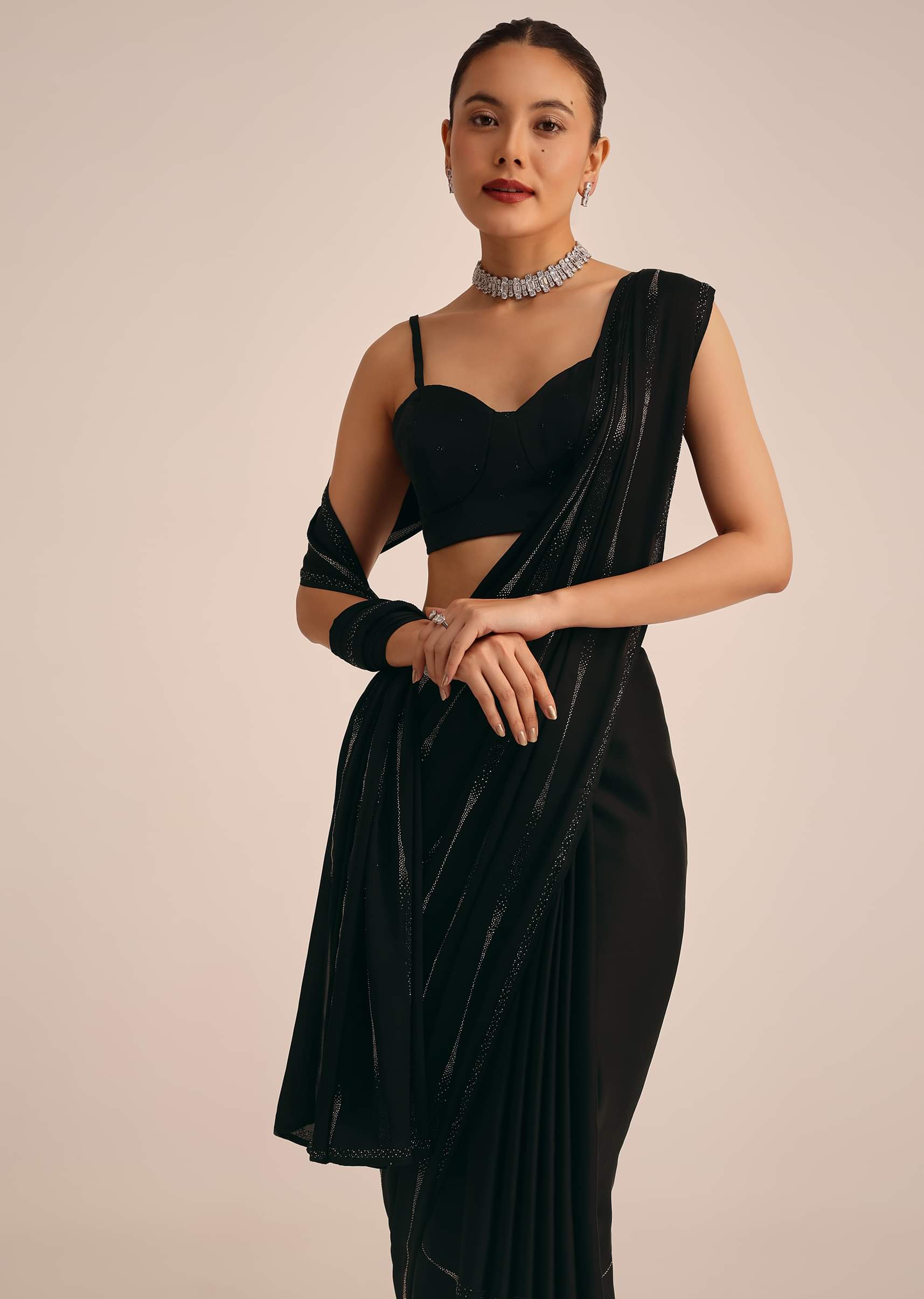 Black Satin Saree With Stone Work And Unstitched Blouse