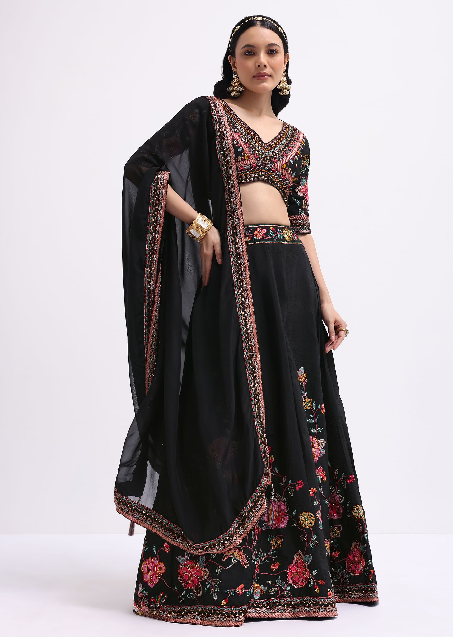 Buy Black Silk Lehenga Choli Set With Resham Work | KALKI