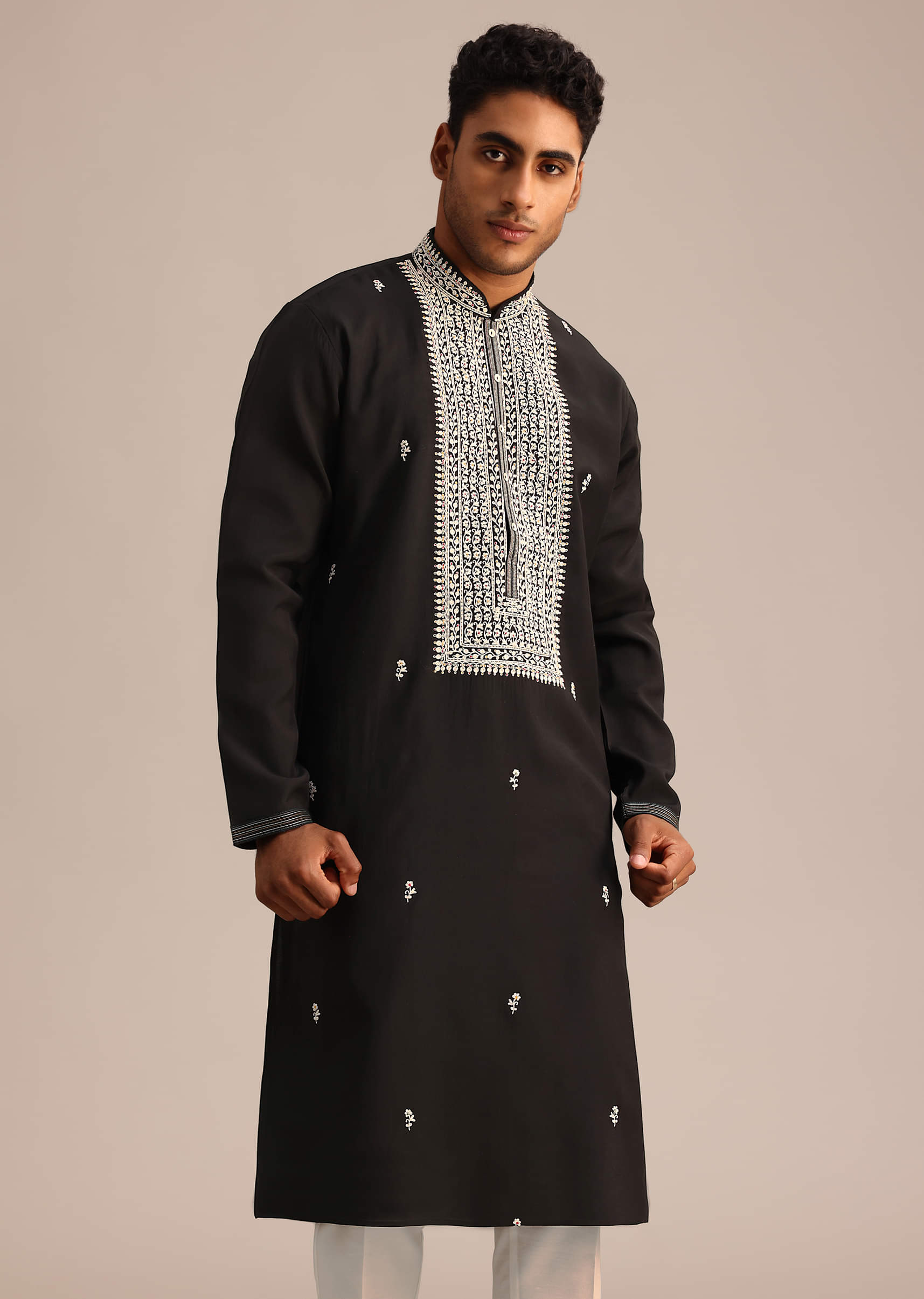 Buy Black Silk Mandarin Collar Kurta Set With Embroidered Yoke