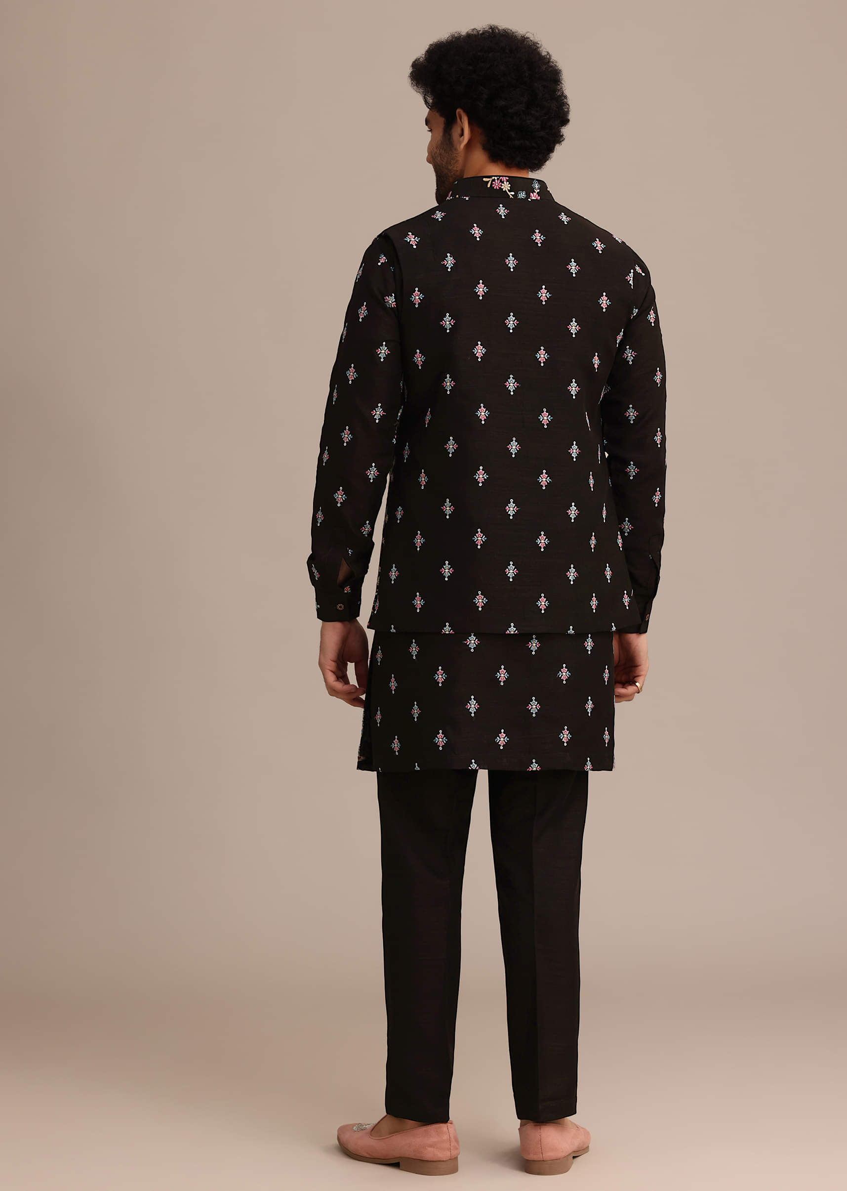 Buy Black Silk Resham Embroidered Kurta Jacket Set | KALKI Fashion India