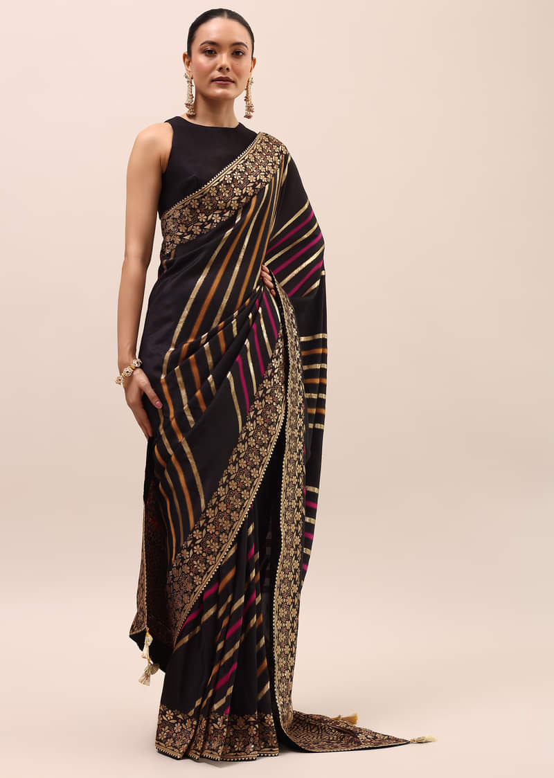 Black Silk Saree In Butta Work With Unstitched Blouse