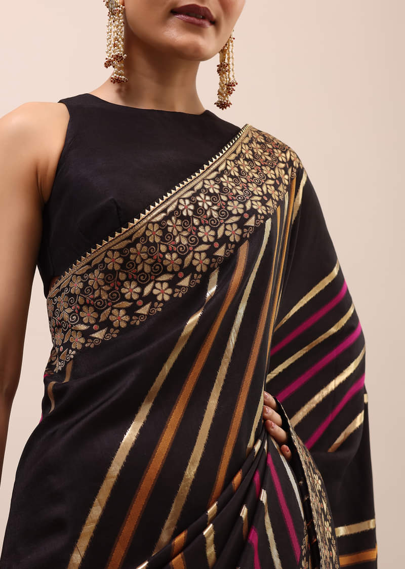 Black Silk Saree In Butta Work With Unstitched Blouse