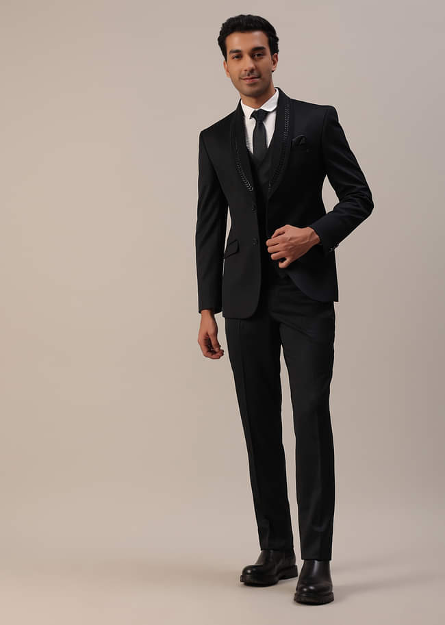 Black Terry Rayon Tuxedo Set With Cut Work Embroidery