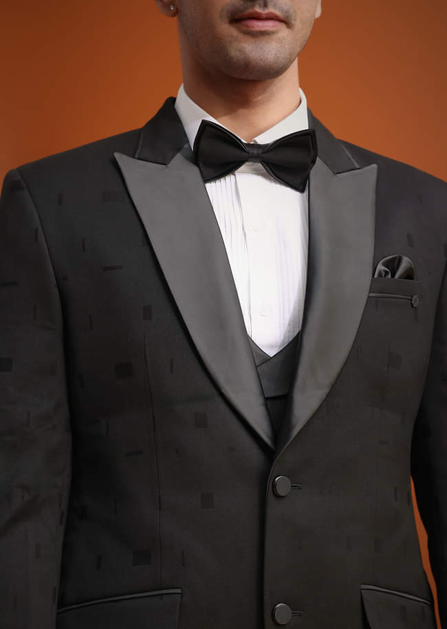 Black Terry Rayon Tuxedo Waistcoat And Pant Set