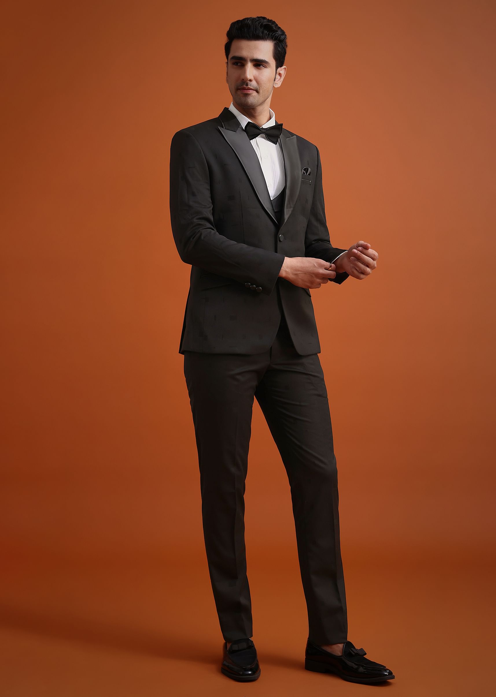 Buy Black Terry Rayon Tuxedo Waistcoat And Pant Set KALKI Fashion Global