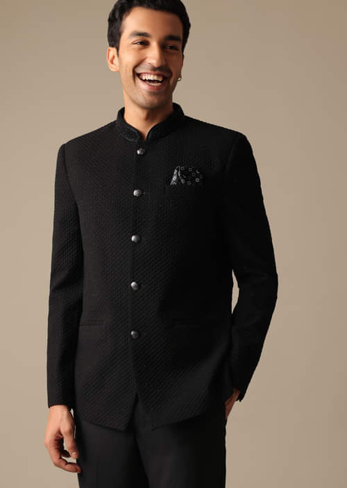 Buy Black Jodhpuri Suit With Textured Bandhgala