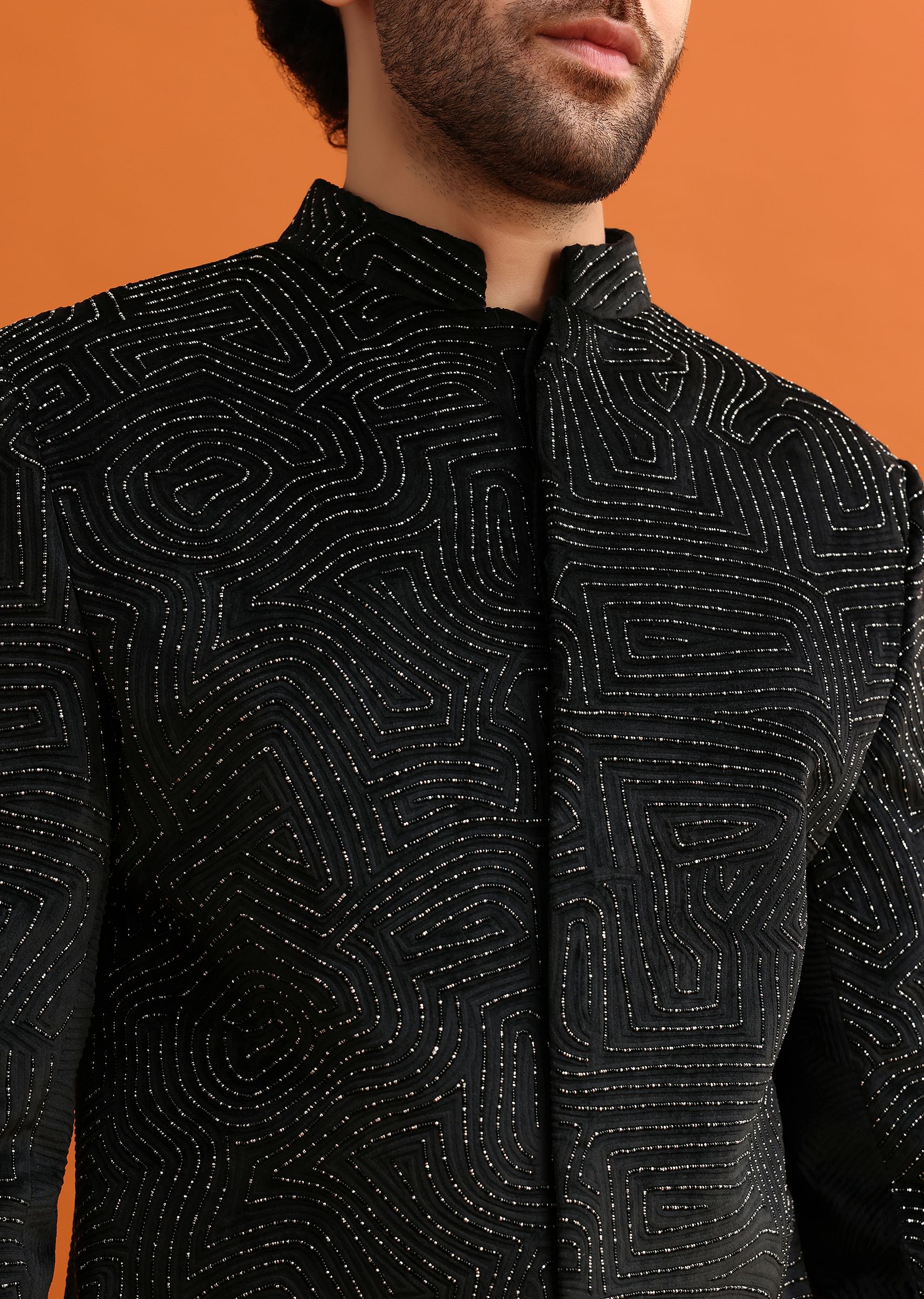 Buy Black Velvet Indowestern Set With Hand Work For Men