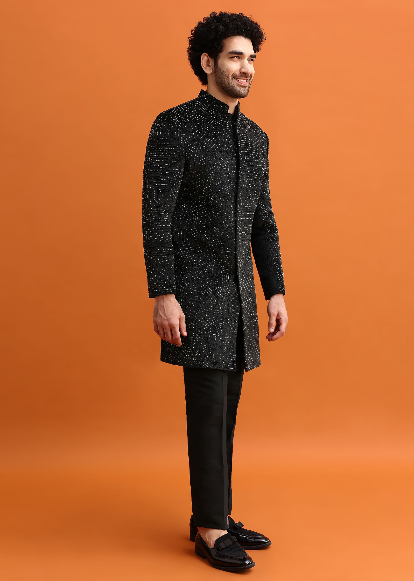 Buy Black Velvet Indowestern Set With Hand Work For Men