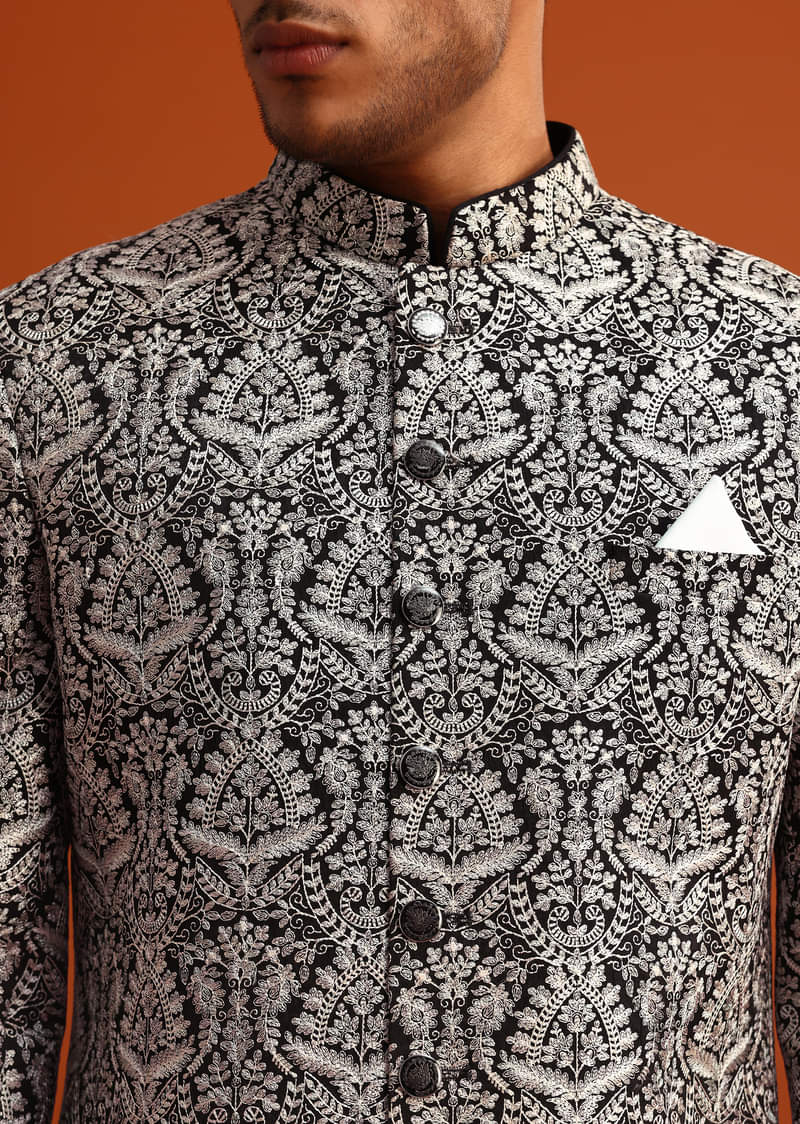 Black Velvet Sherwani And Kurta Set With Kashmiri Work