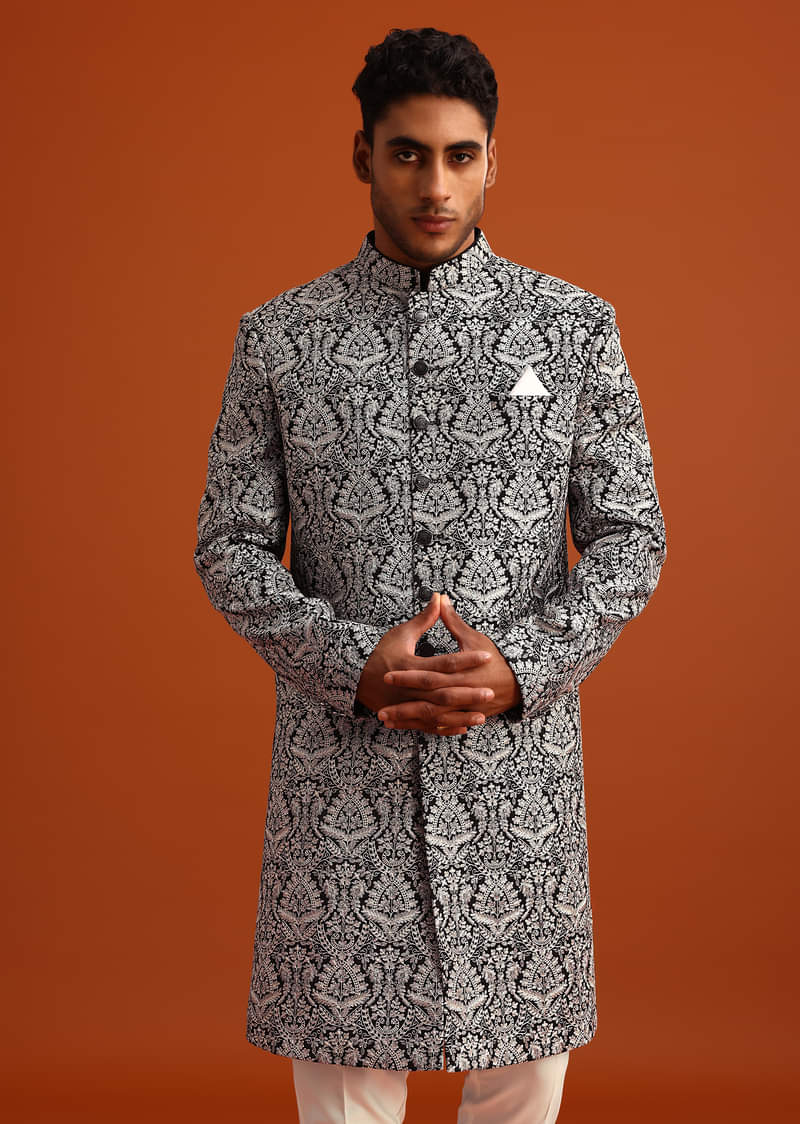 Black Velvet Sherwani And Kurta Set With Kashmiri Work